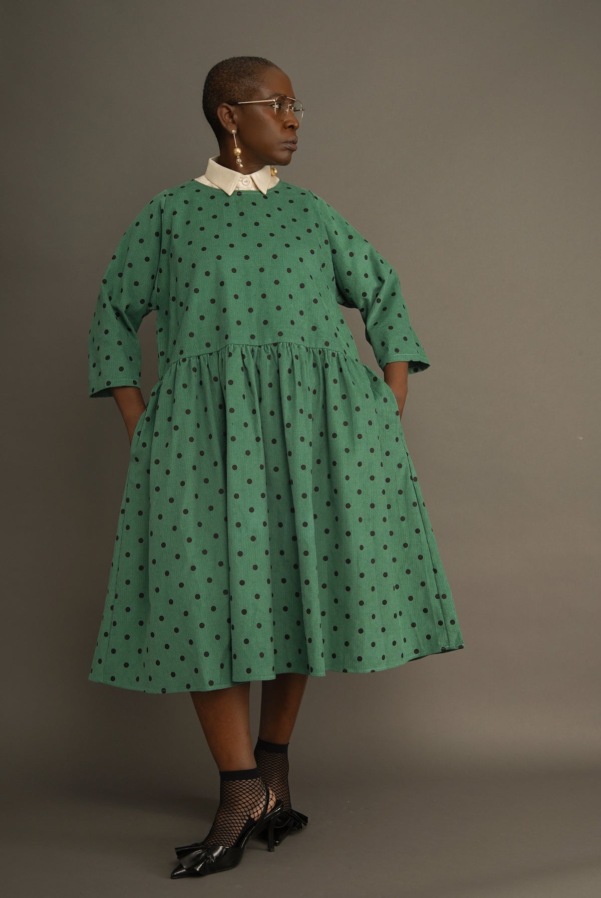 Folashade Polka Corduroy Free Dress, worn by Yvonne, front view
