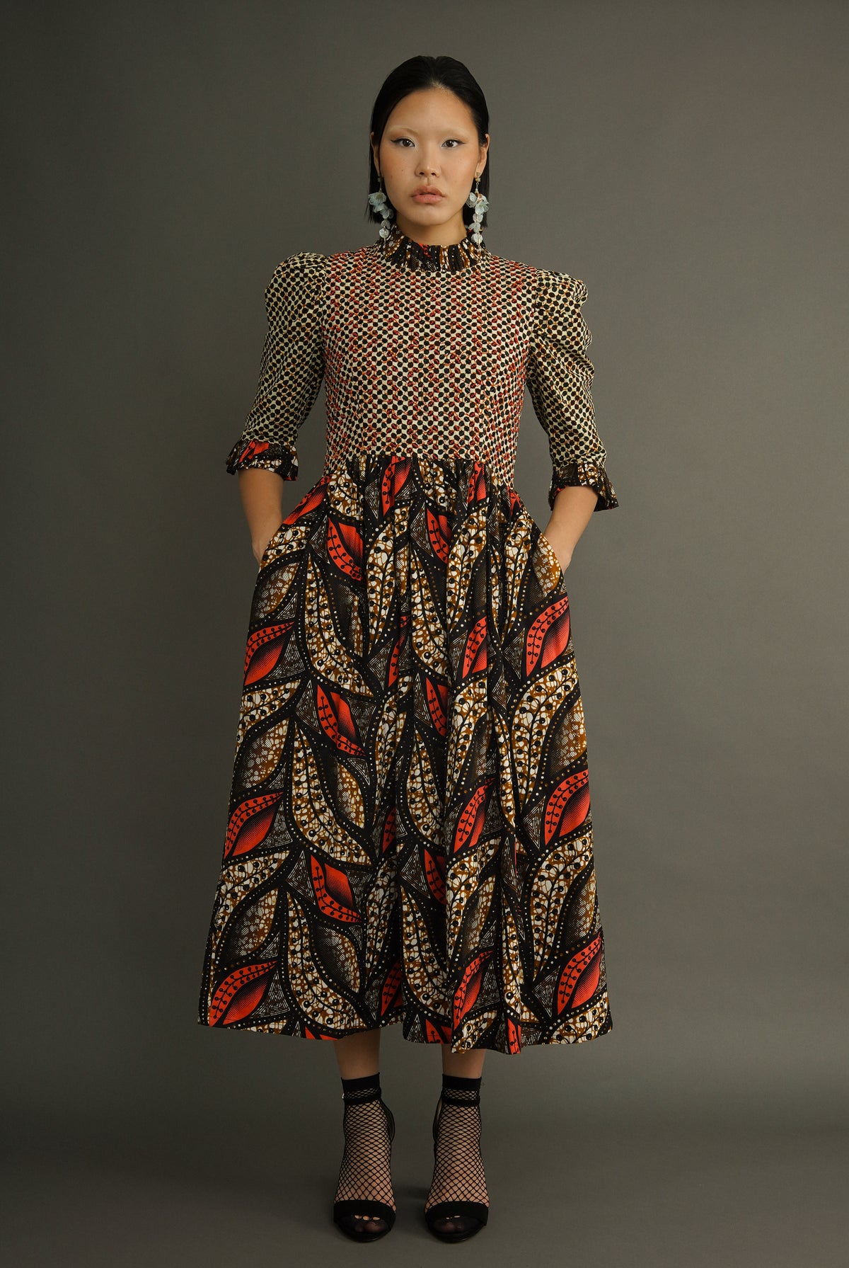 Marianne Greta hand-beaded midi dress, front view showing full African print skirt