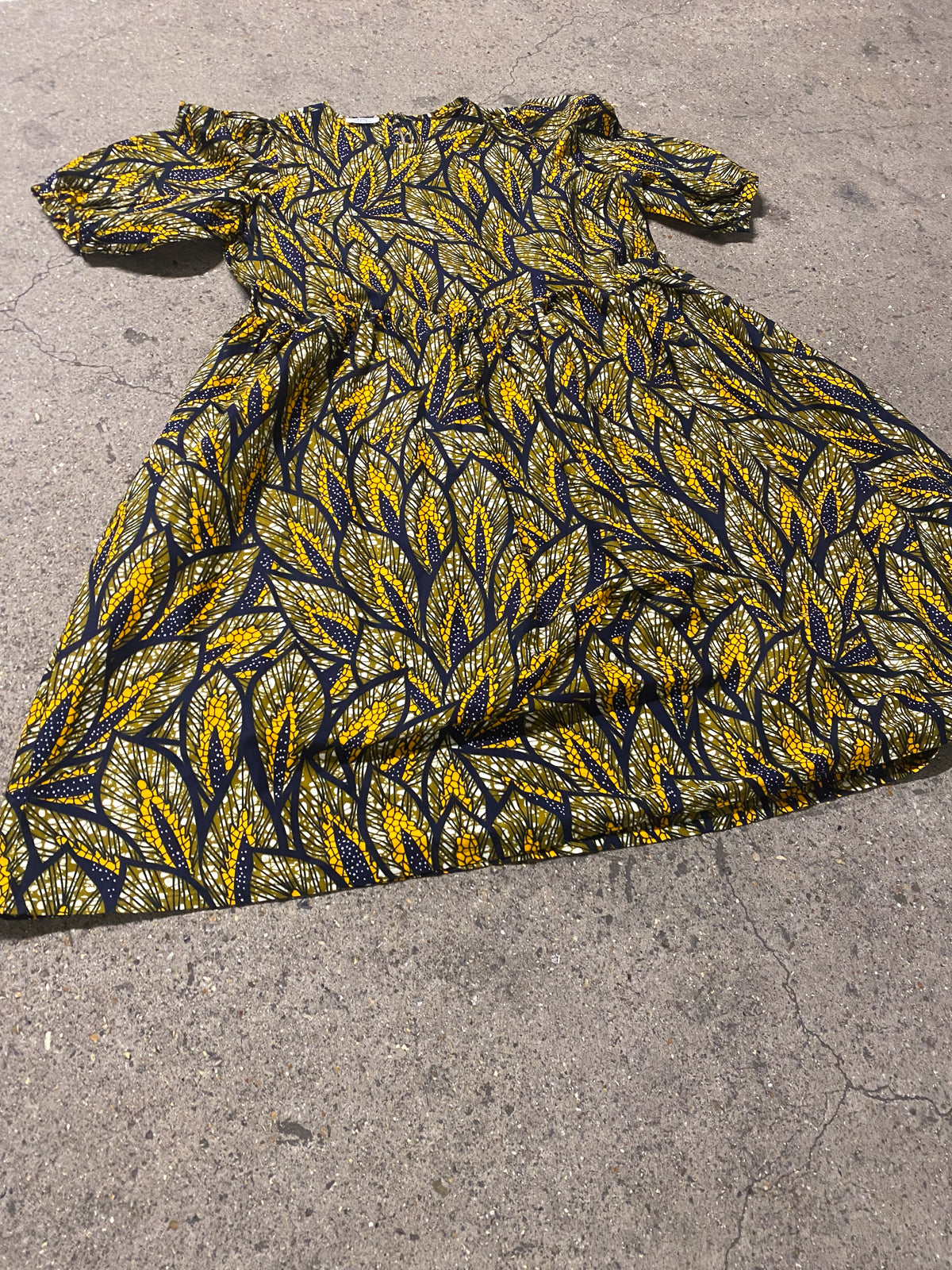 Amber Reworked Dress in amber print cotton, puff sleeves, full skirt with matching tie belt