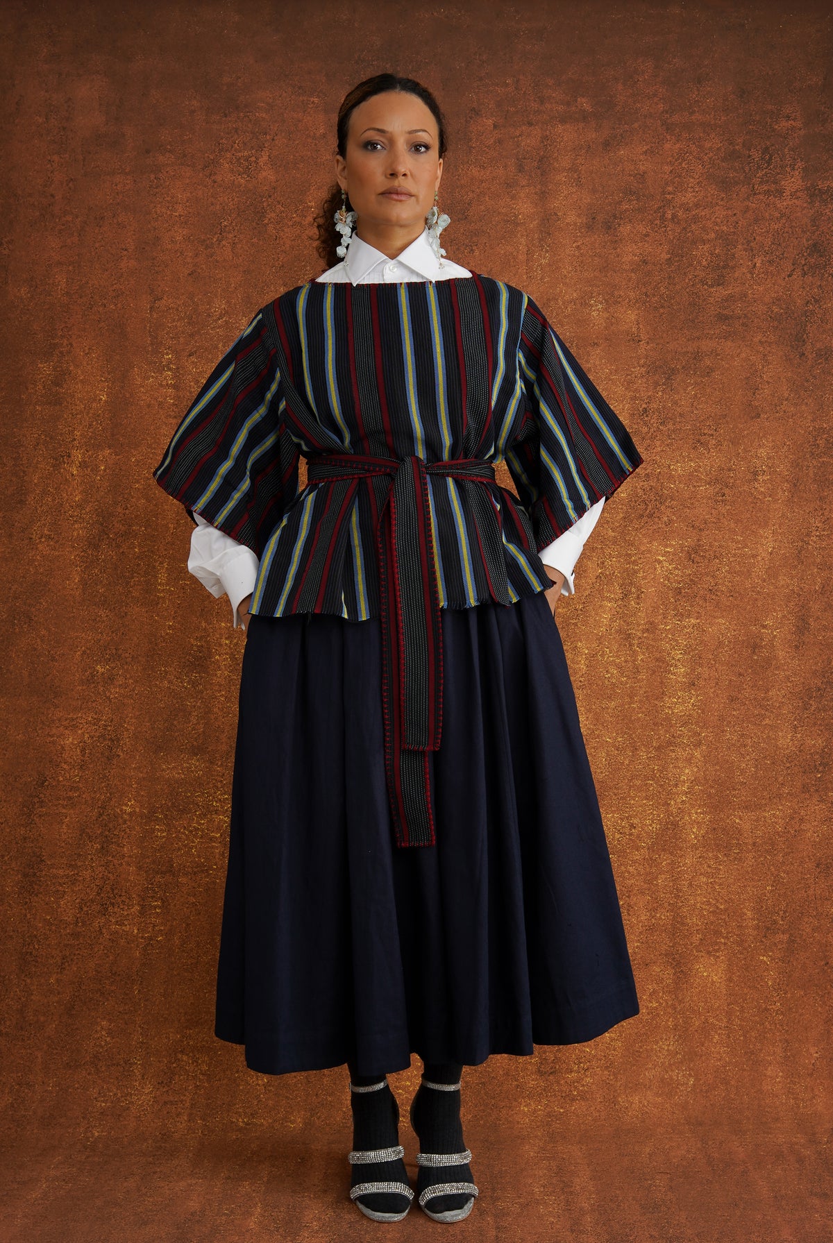 Indigo Grand textured dobby cotton gathered midi skirt