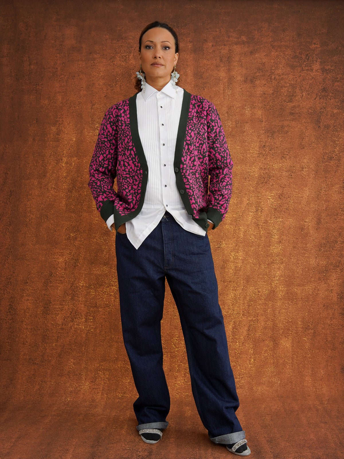 The Eniola Cardigan in Magenta and Green Leopard