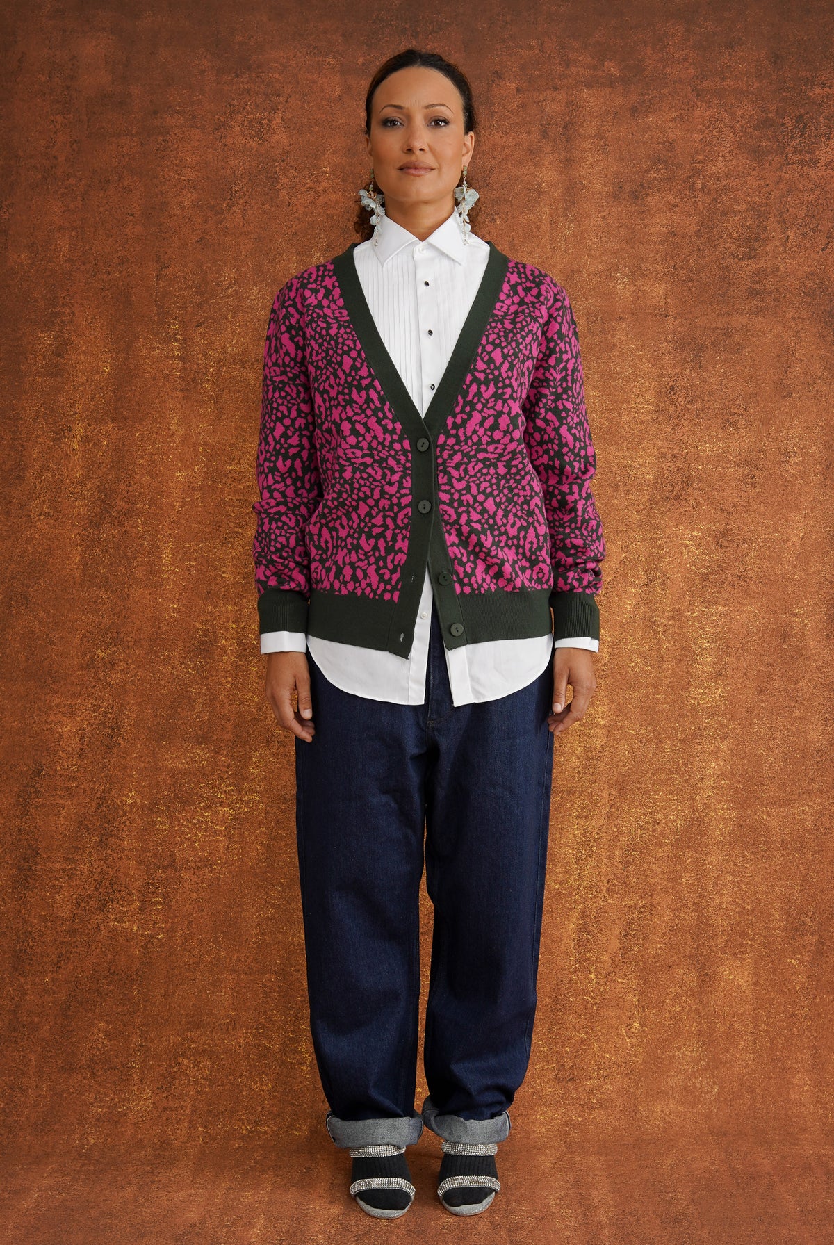 The Eniola Cardigan in Magenta and Green Leopard