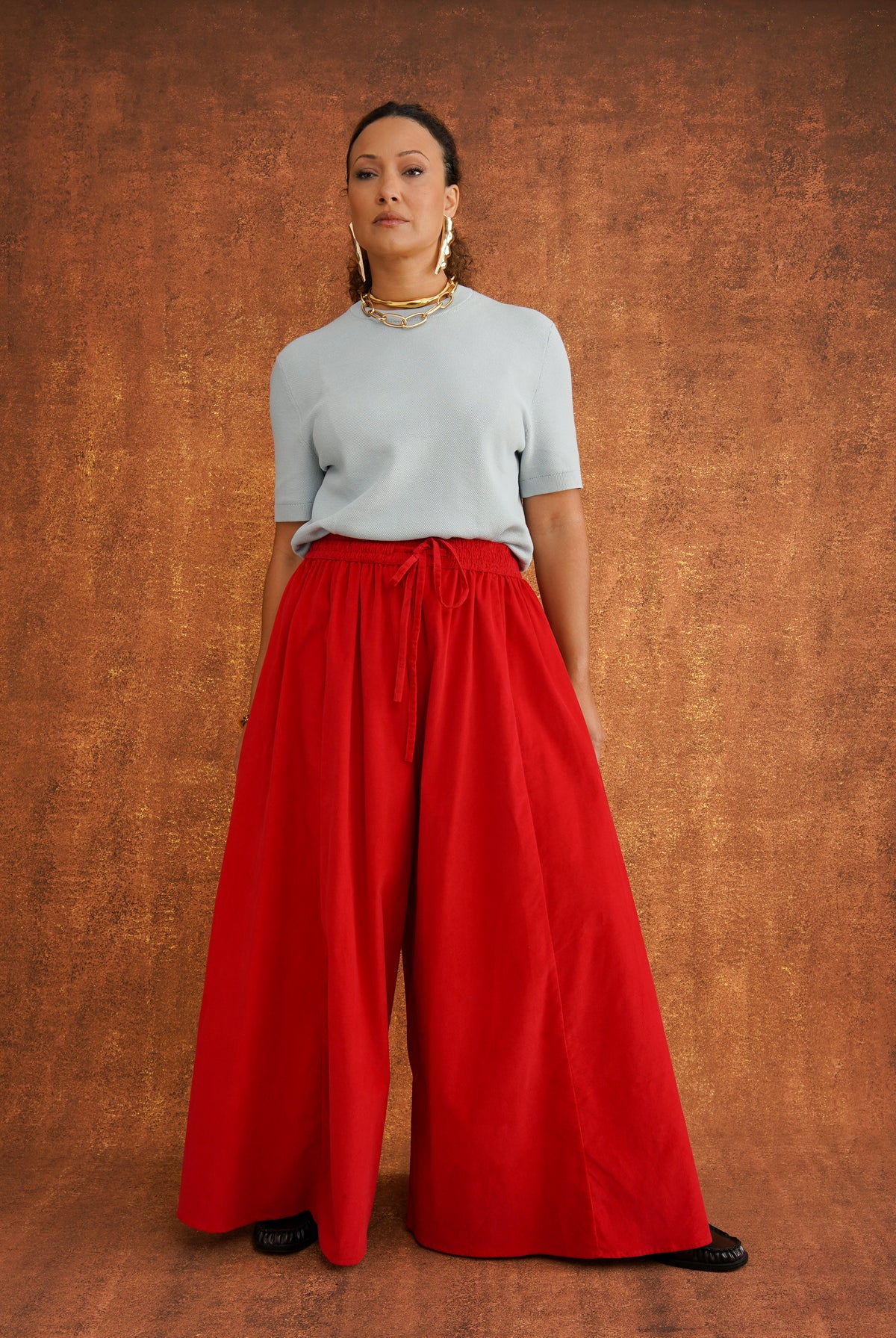 Charlie Red Corduroy Wide-Leg Palazzo Pants, relaxed oversized fit with a drawstring elasticated waist