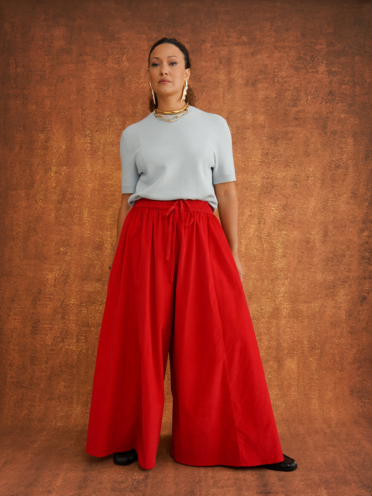 Charlie Red Corduroy Wide-Leg Palazzo Pants, relaxed oversized fit with a drawstring elasticated waist
