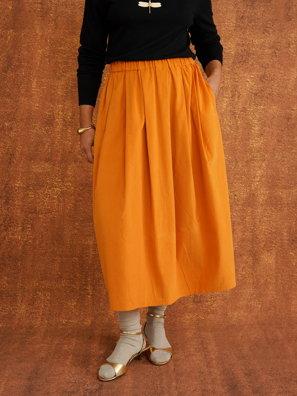 Peju Mustard Midi Corduroy Skirt, side view