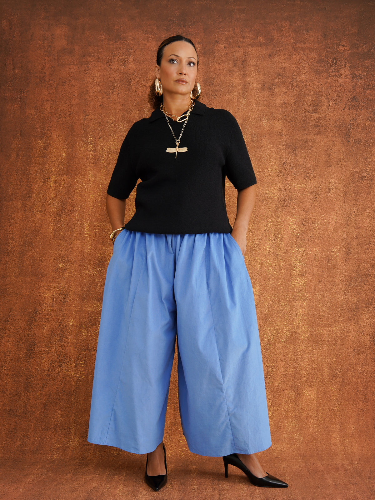 Charlie Blue Corduroy Wide-Leg Palazzo Pants, detail shot