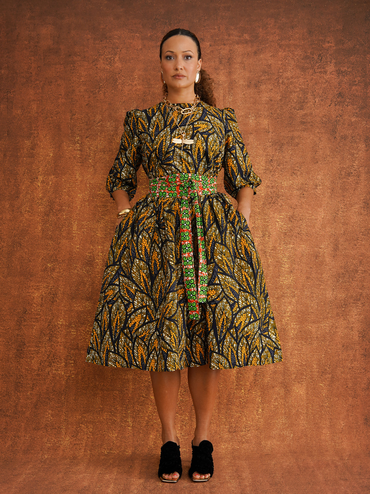 Amber Reworked Dress in amber print cotton, puff sleeves, full skirt with matching tie belt