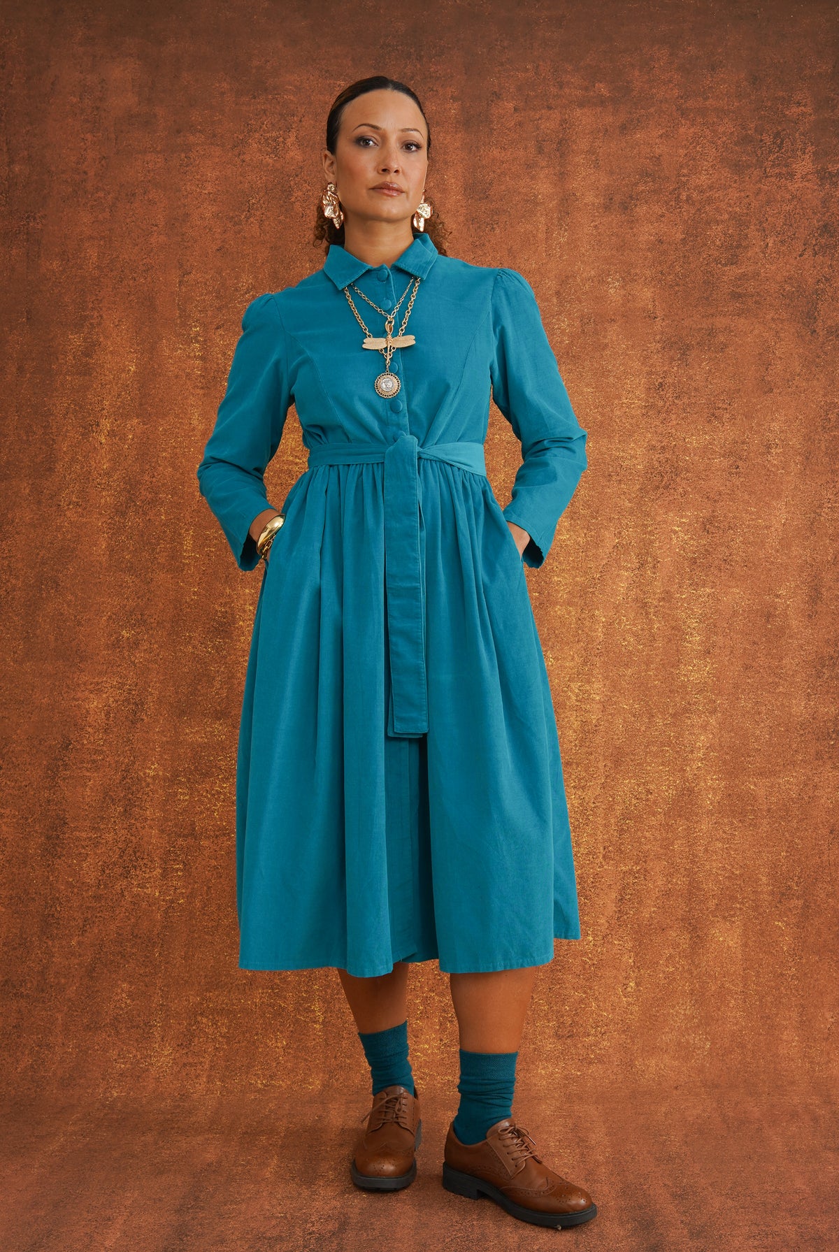 Peju Turquoise Needlecord Shirt Dress, front view