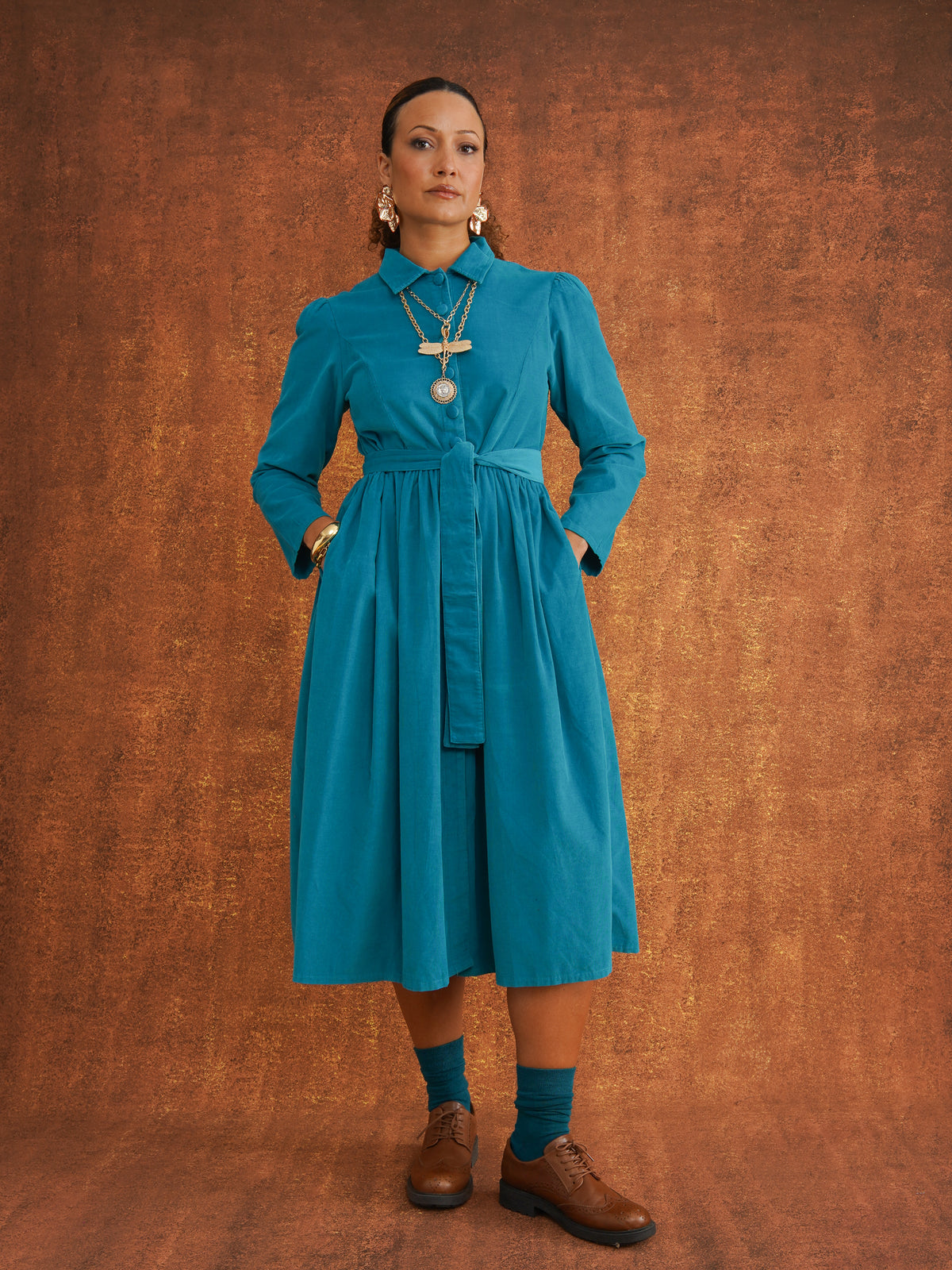 Peju Turquoise Needlecord Shirt Dress, front view