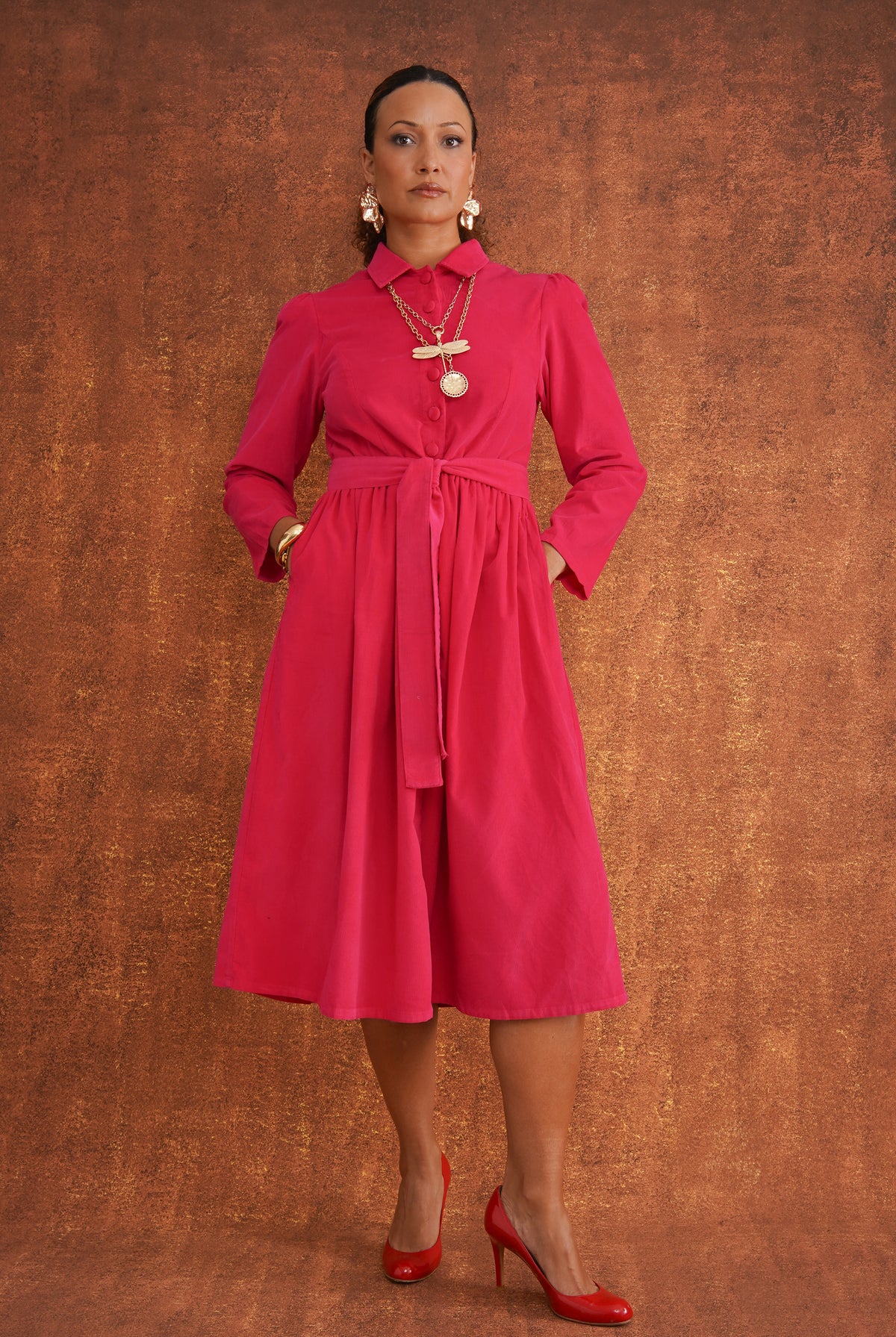 Peju Hot Pink Needlecord Shirt Dress, front view