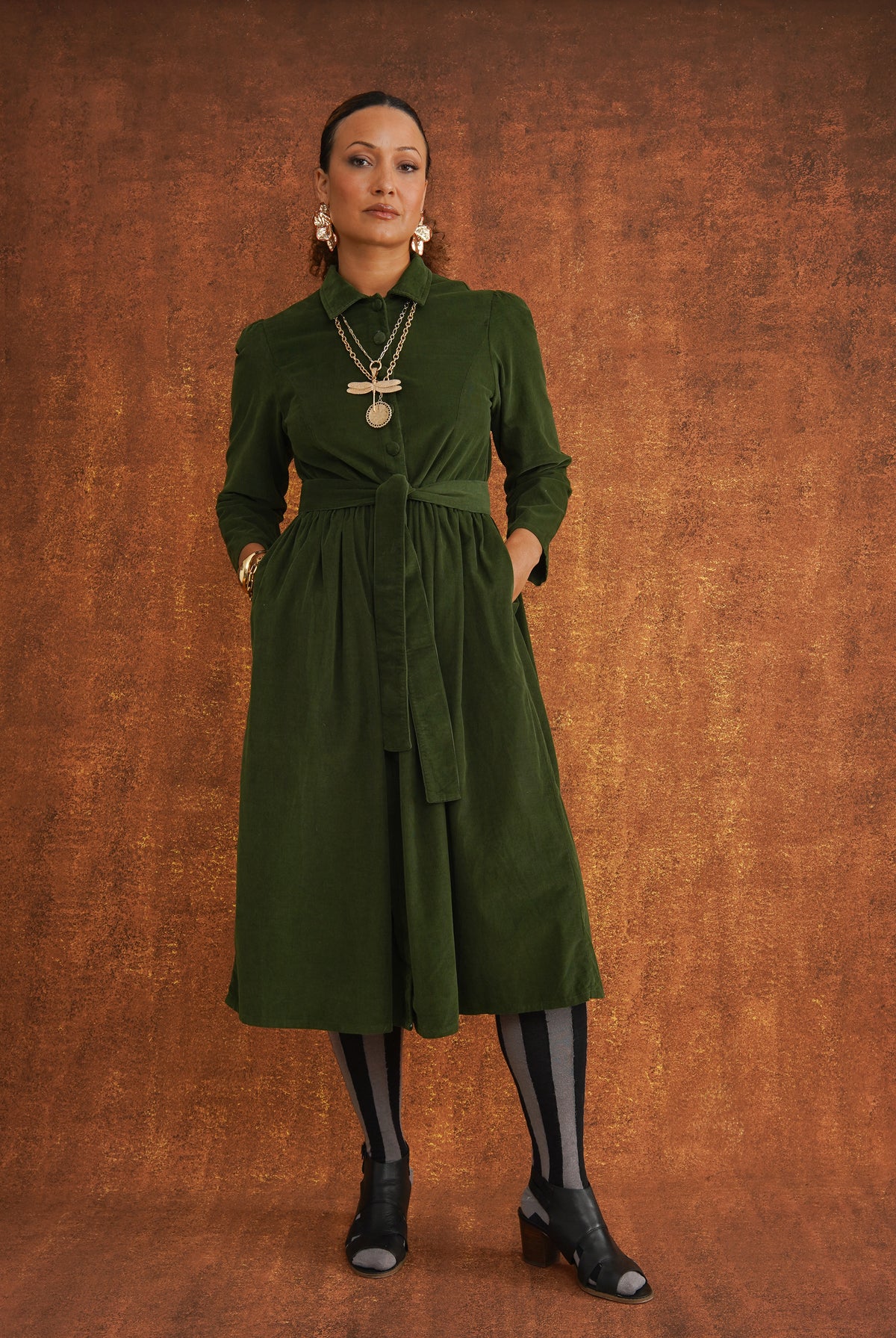Peju Bottle Green Needlecord Shirt Dress with covered buttons and tie belt