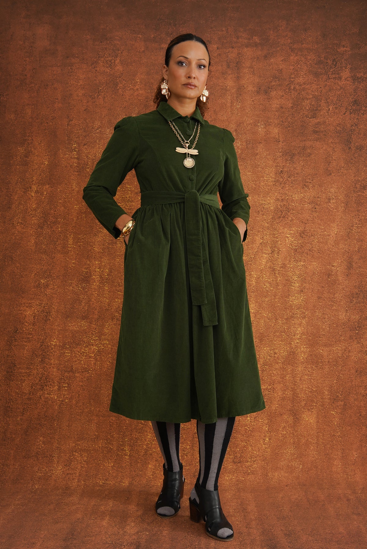 Peju Bottle Green Needlecord Shirt Dress, front view