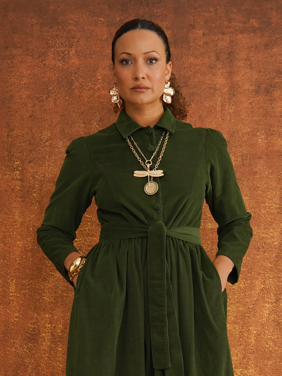 Peju Bottle Green Needlecord Shirt Dress, side view