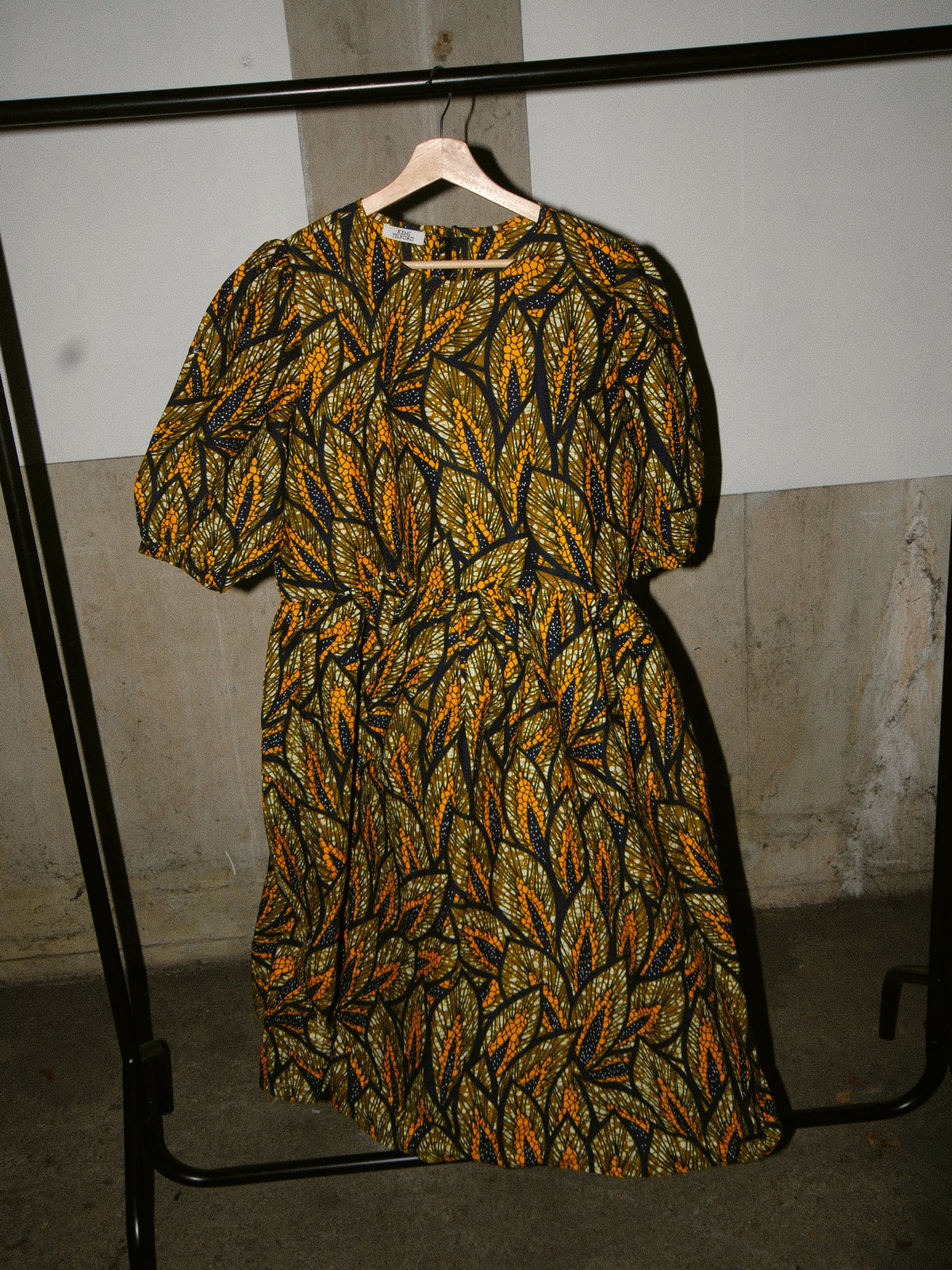 Amber Reworked Dress in amber print cotton, puff sleeves, full skirt with matching tie belt