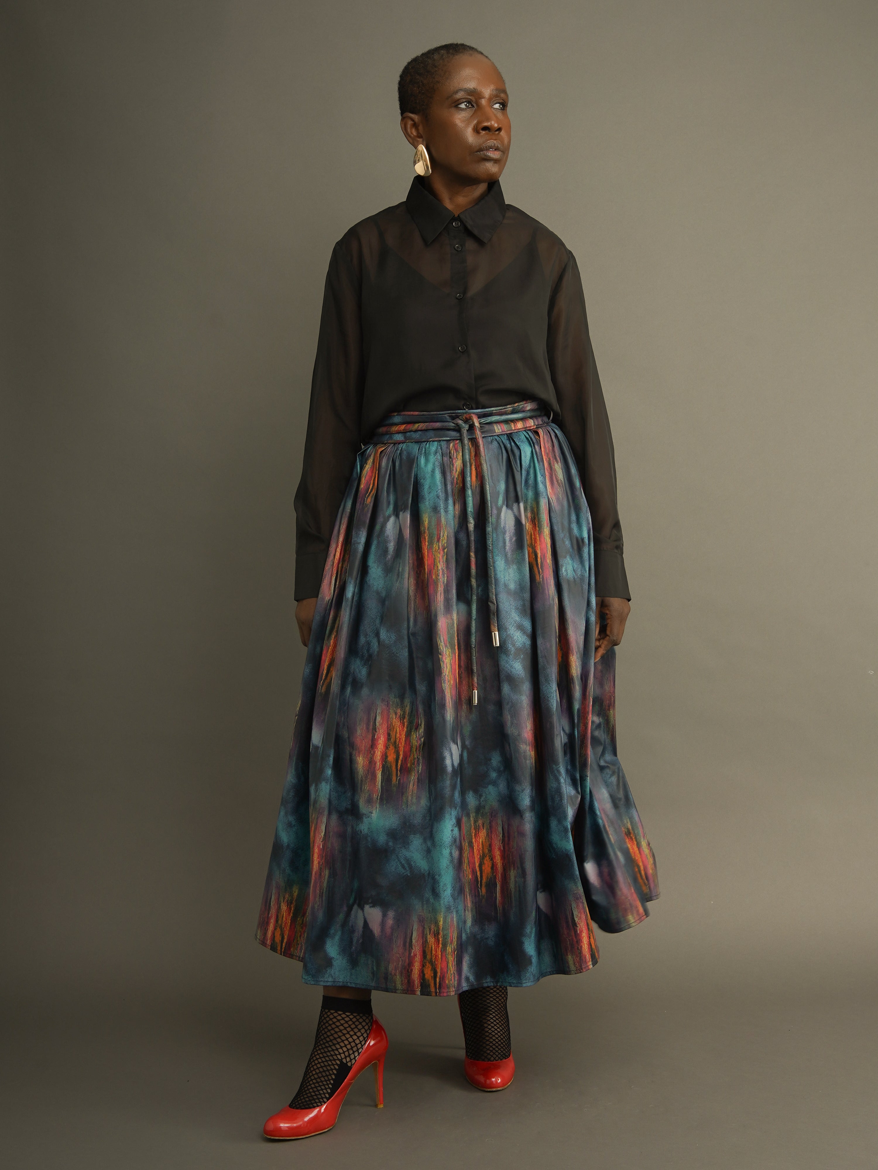 KemKem Abstract Midi Skirt | Women's Gathered Skirt with