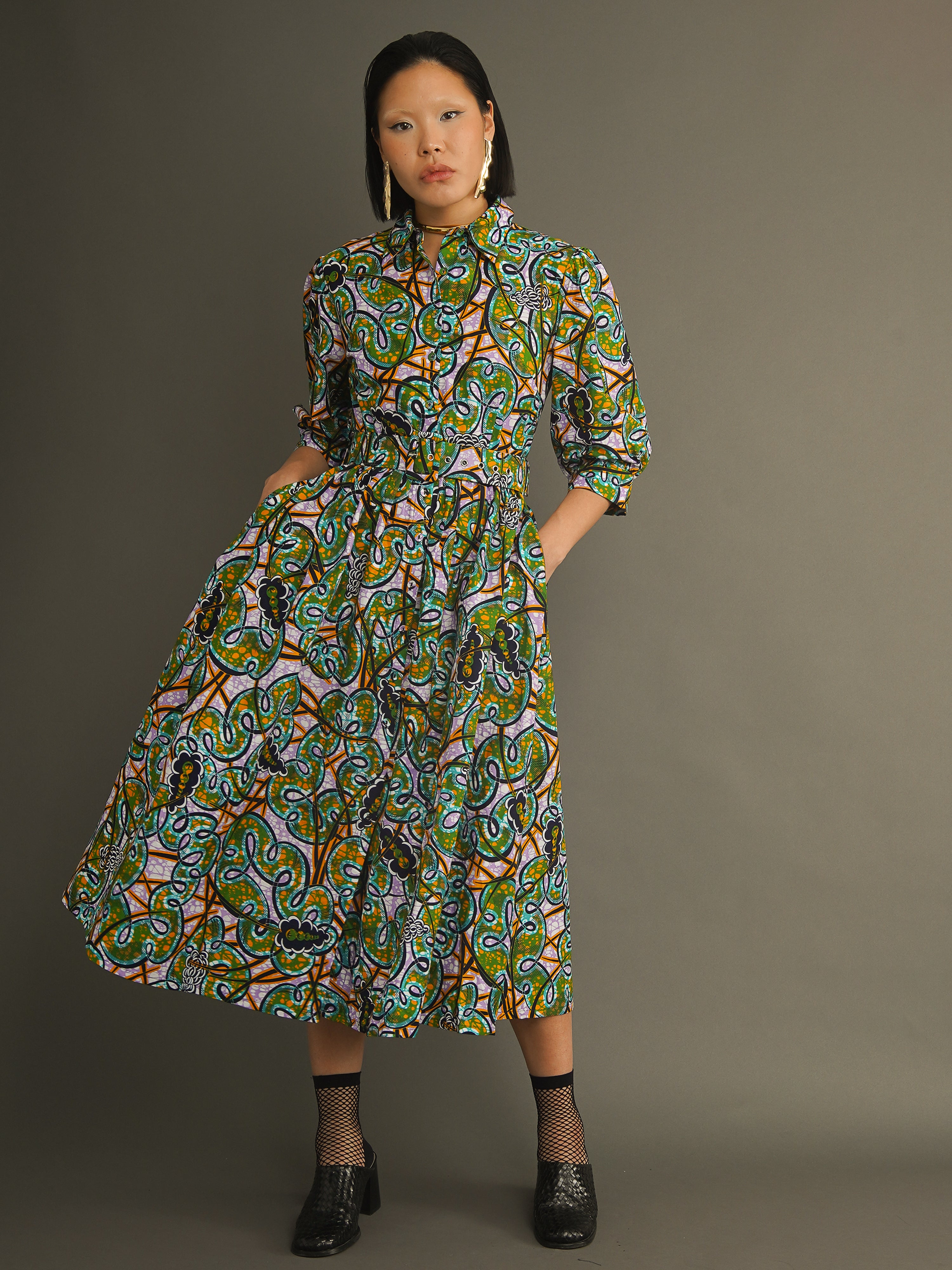 コレクションモデル✨CARVEN Gathered Shirt Dress 34 Kemi Telford Dutch Wax Shirt Dress – Tailored & Timeless