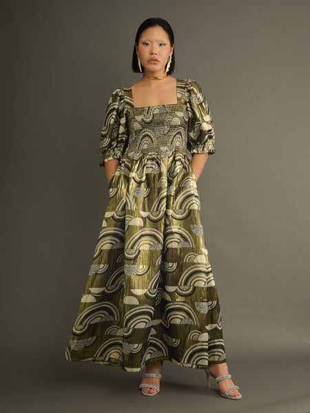Metallic Gold Smocked Maxi Dress Kemi Telford Metallic Gold Smocked Maxi Dress Kemi Telford