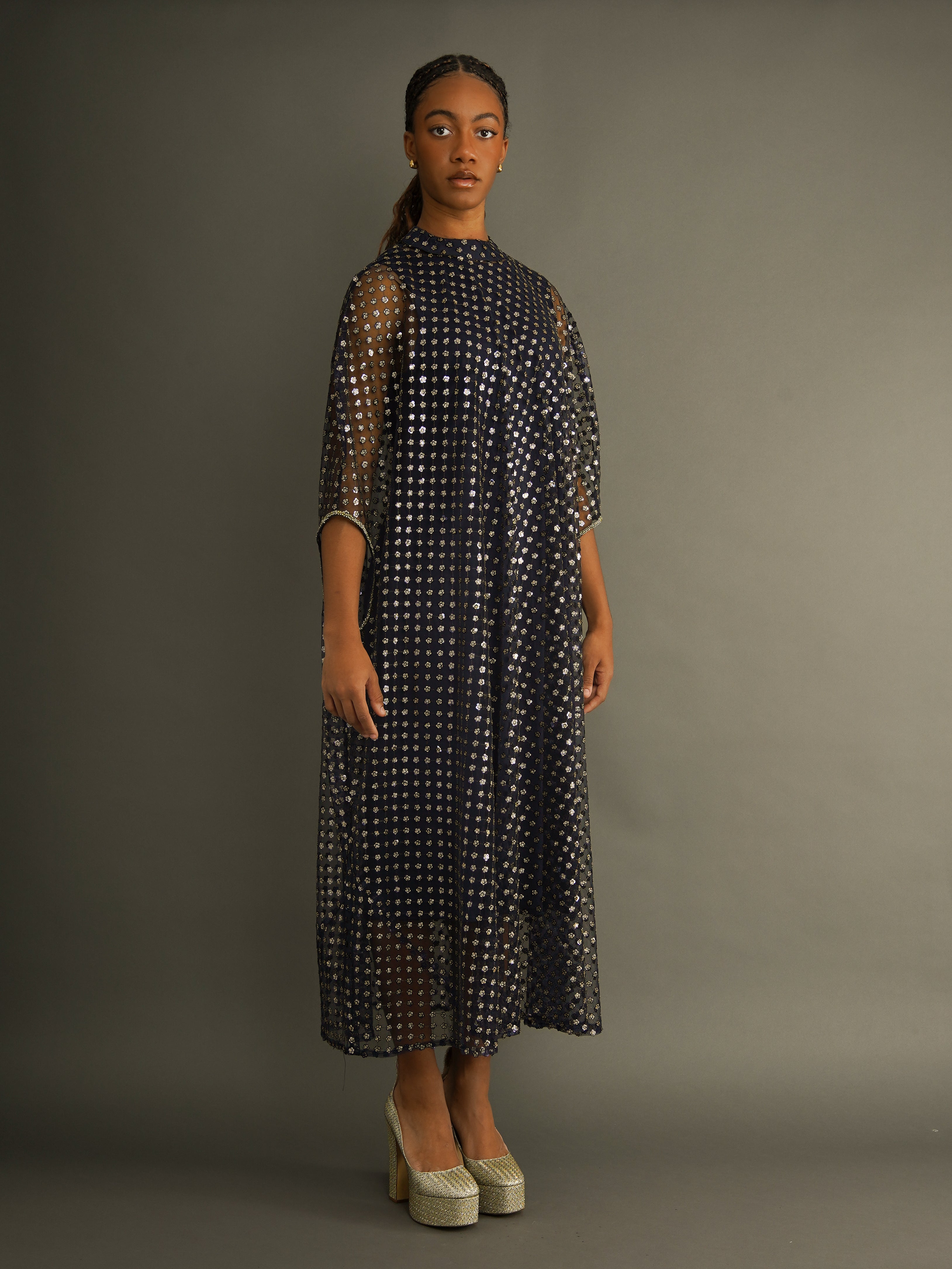 The Morenike Sequin Cape Dress – Hand-Beaded Navy Evening Dress