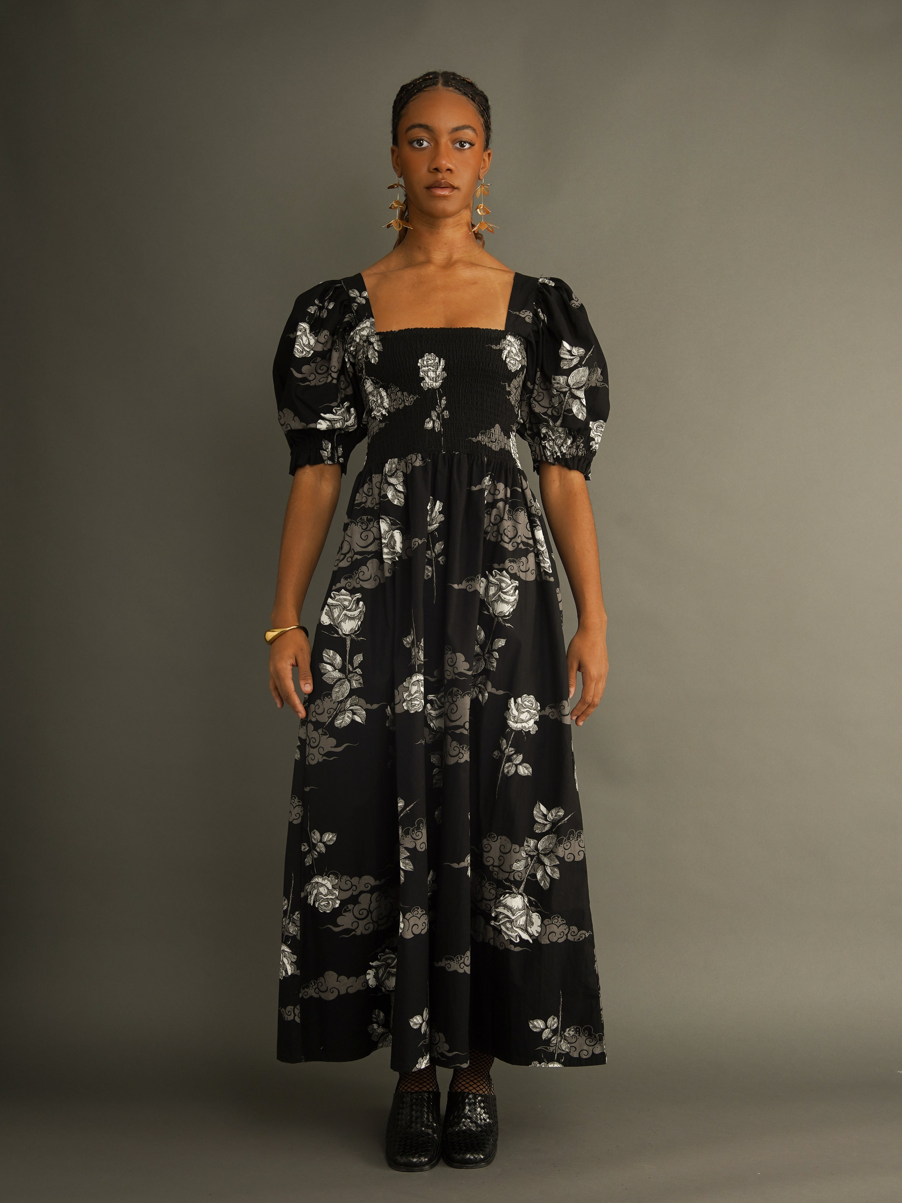 Smocked Cotton Maxi Dress with Puff Sleeves – Kemi Telford