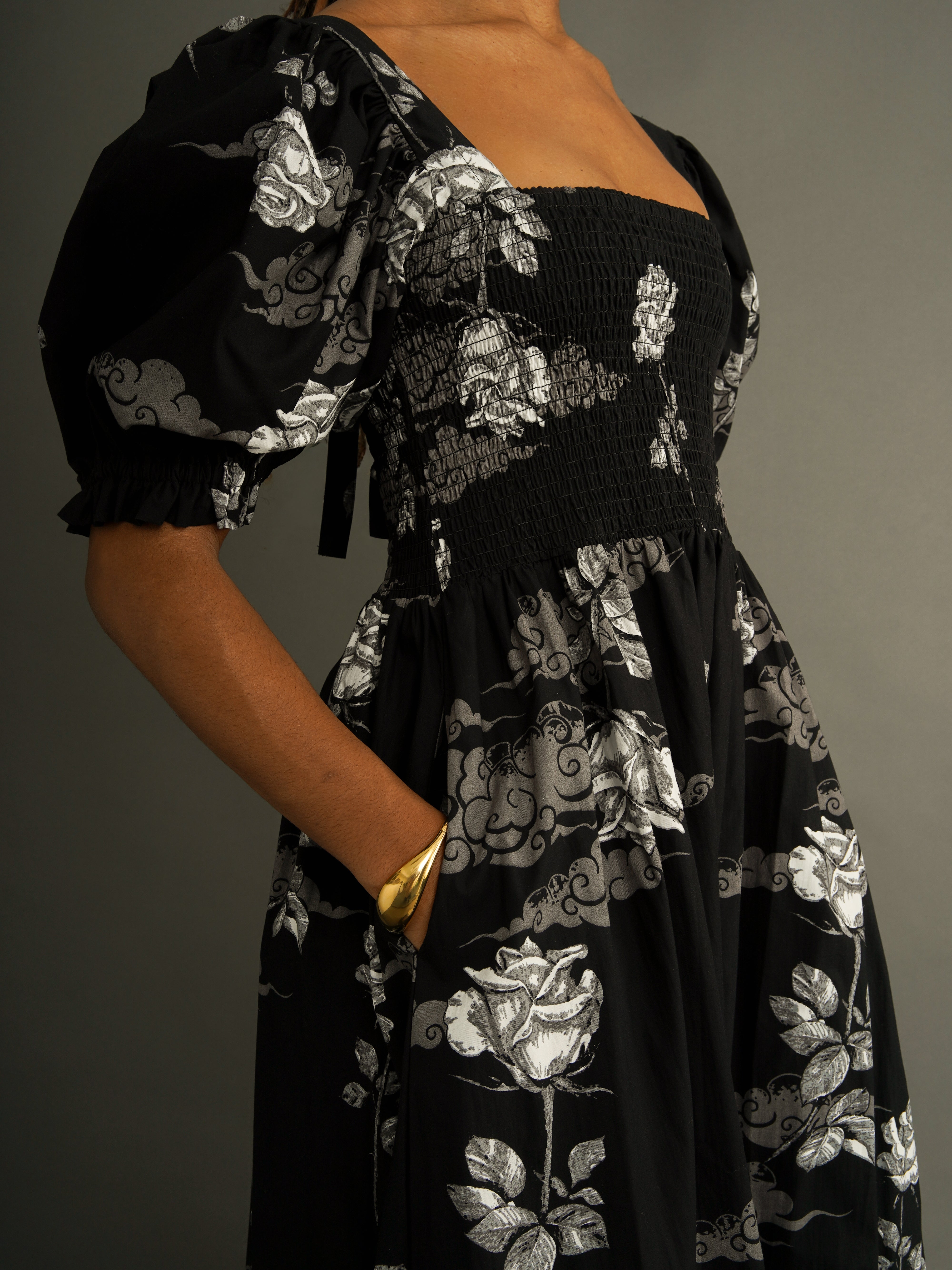 Smocked Cotton Maxi Dress with Puff Sleeves – Kemi Telford