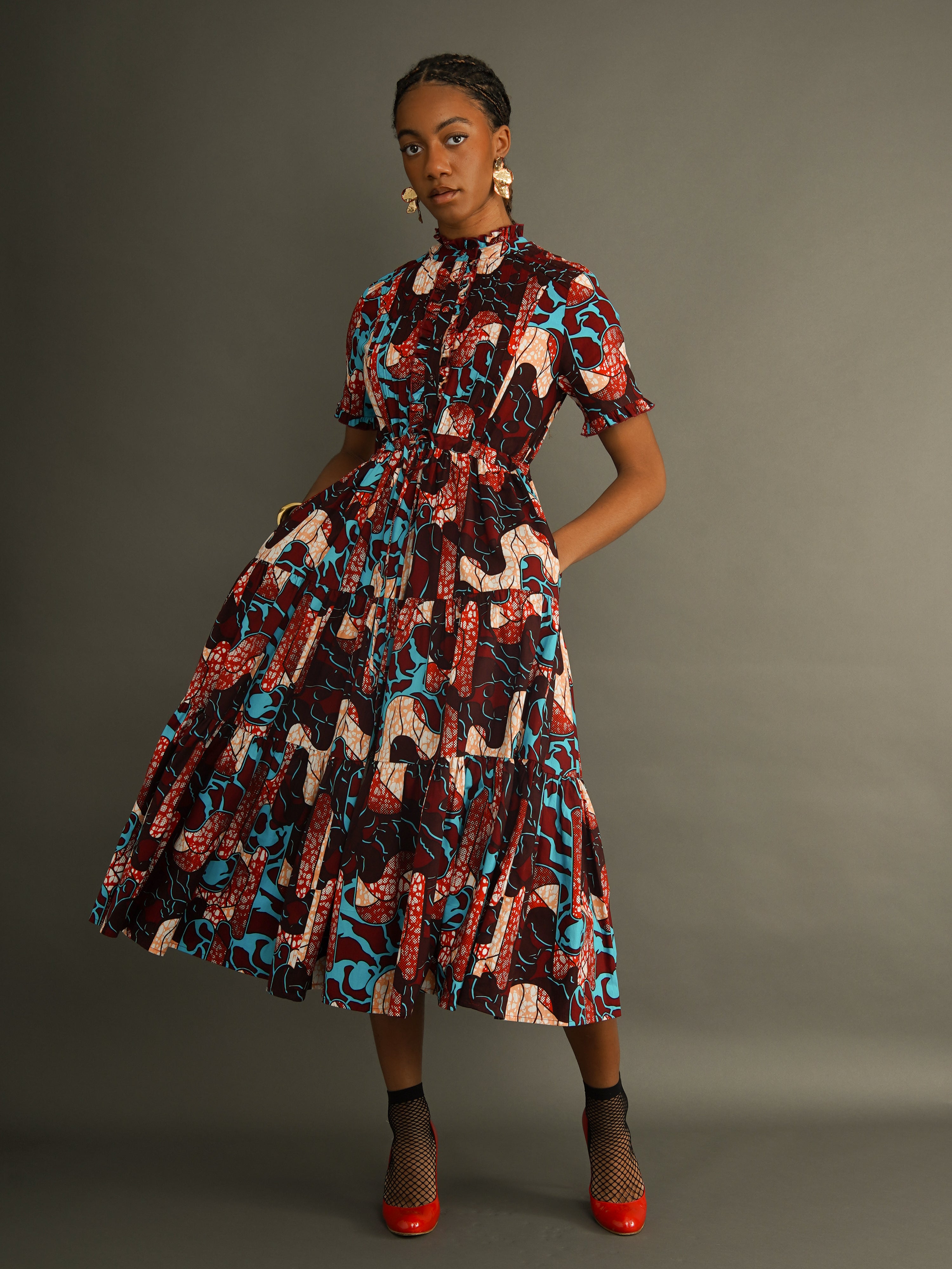 The Abiba Dress – Dutch Wax Print Shirt Dress with Pintuck Detail