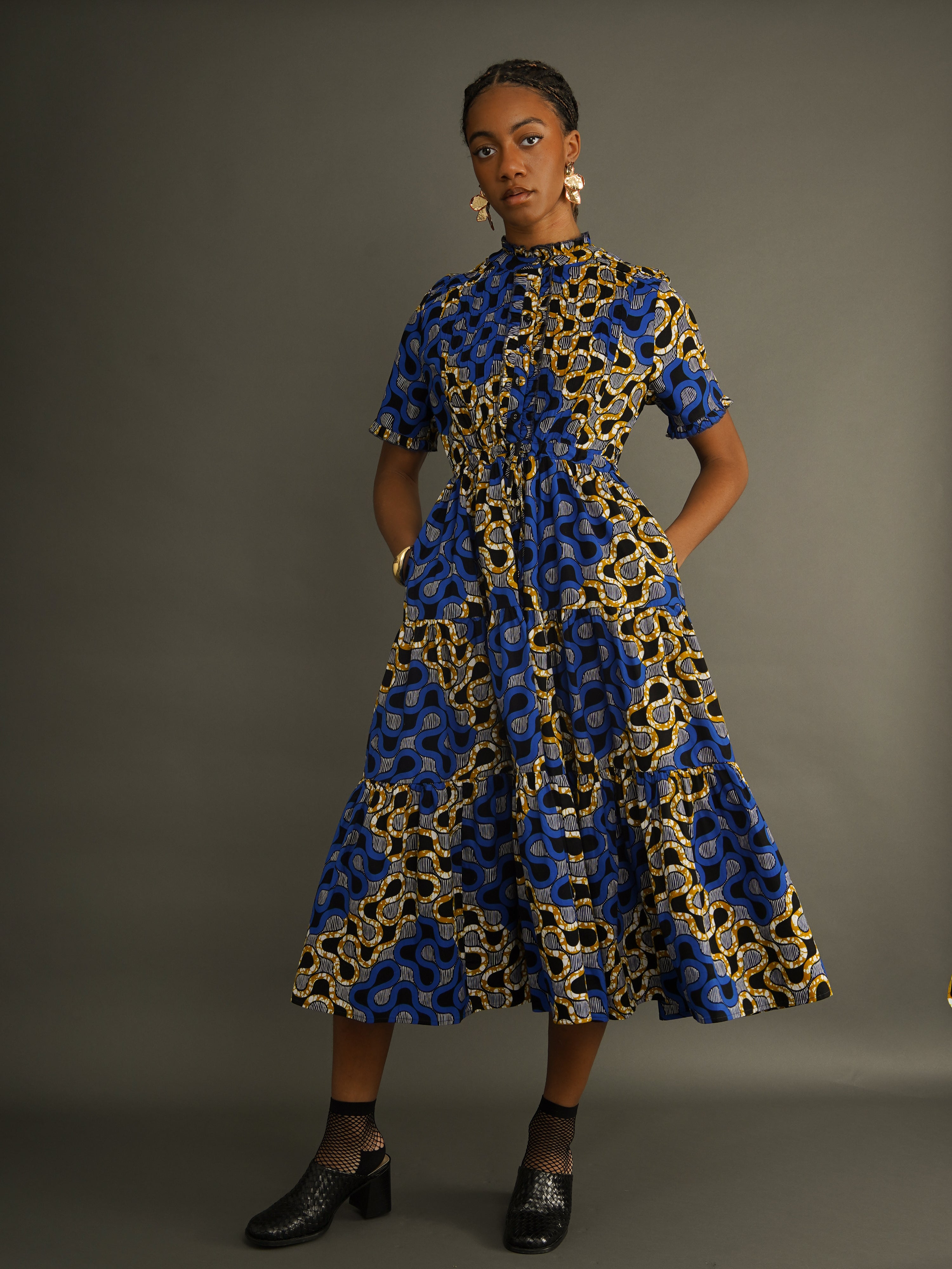 The Ori Dress – Blue Wax Print Shirt Dress with Pintuck Detail