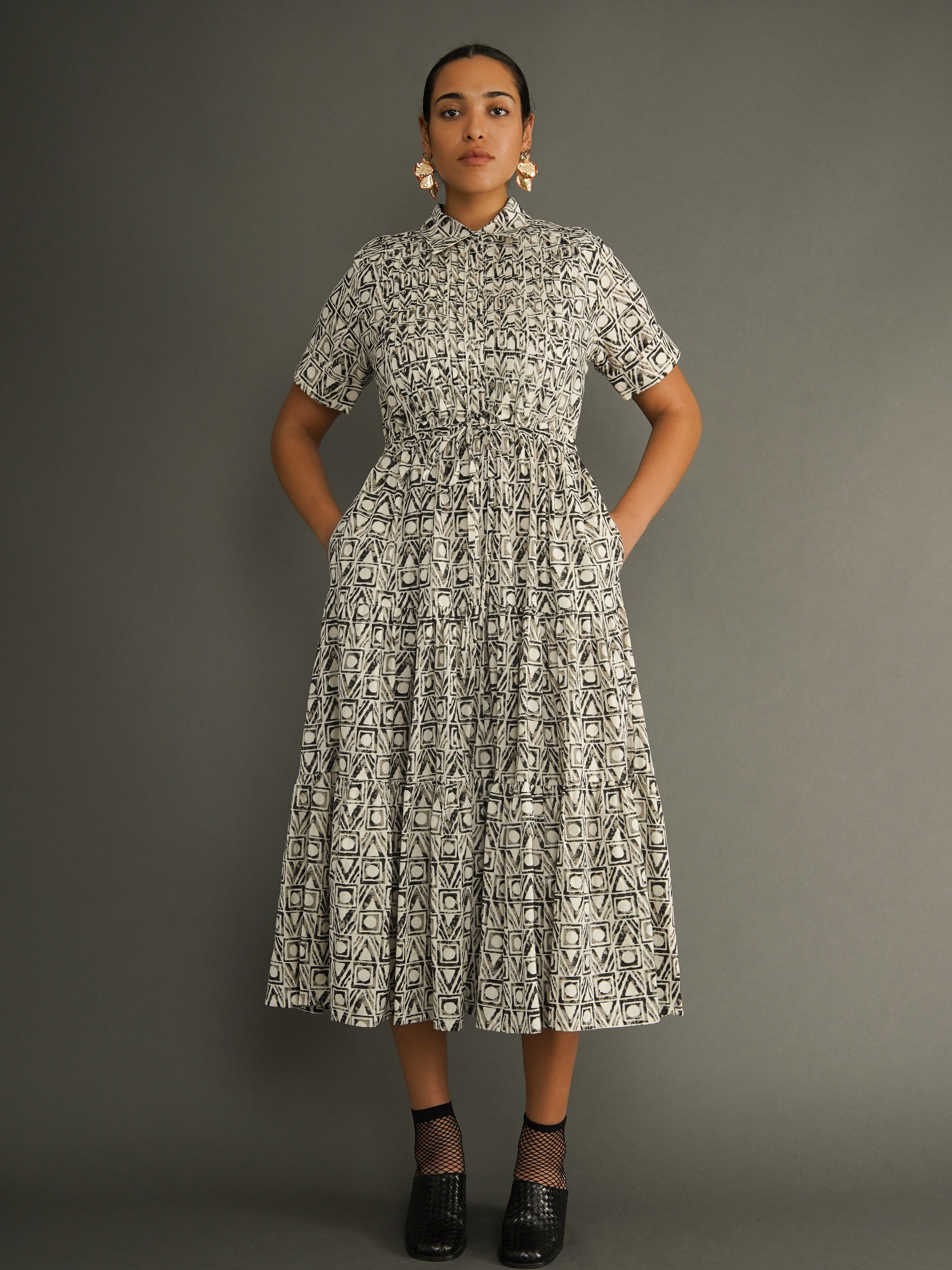 Yvonne Graphic Shapes Pintuck Dress, black and grey shapes on ivory cotton