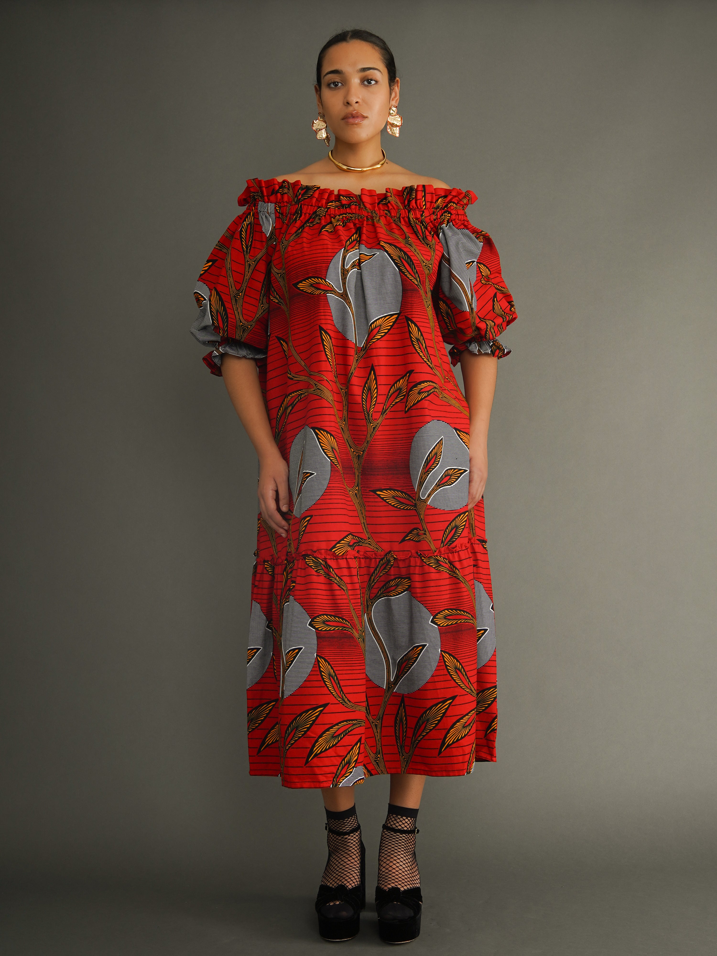 Off-Shoulder Dress in Golden Leaf – Dutch Wax Maxi | Kemi Telford