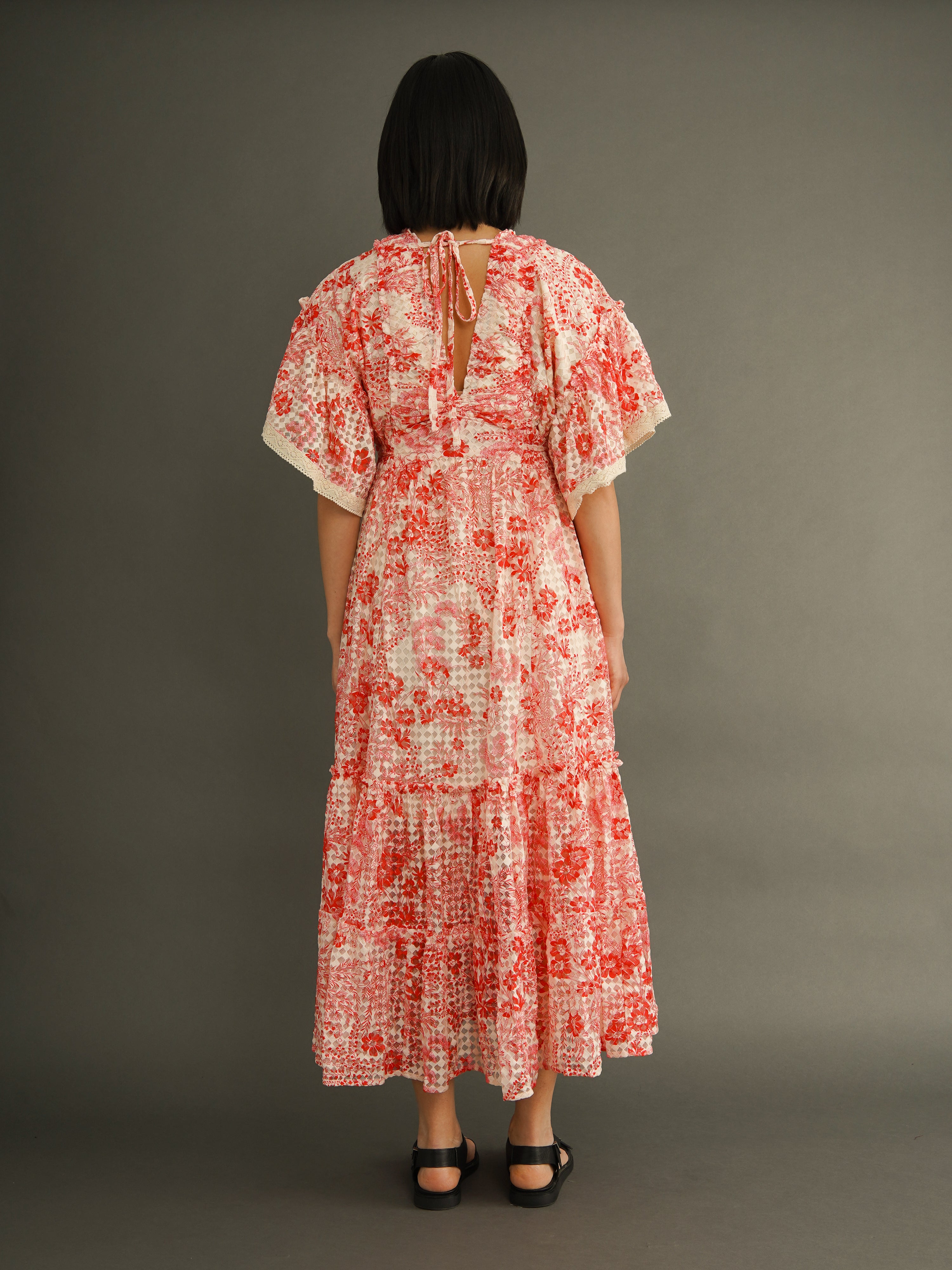 slim fit dress slacks Eshe Lace Dress in Red Floral – Tiered Maxi Dress