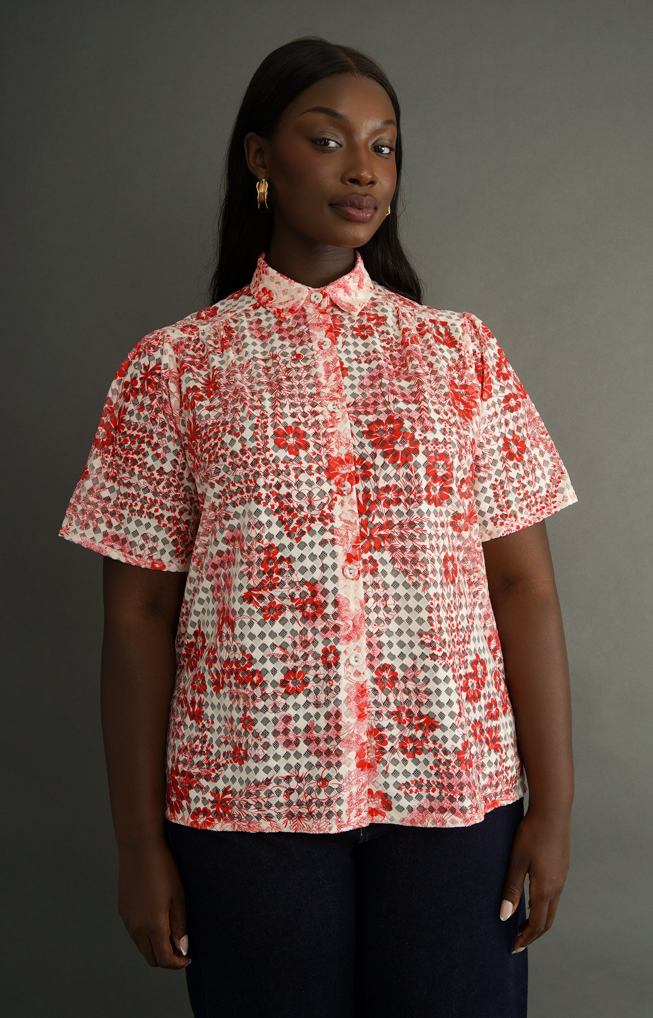 ELCHELEエルチェレPAGE2025 #1 SHIRT Eshe Lace Shirt – Red Pink Floral | Kemi Telford