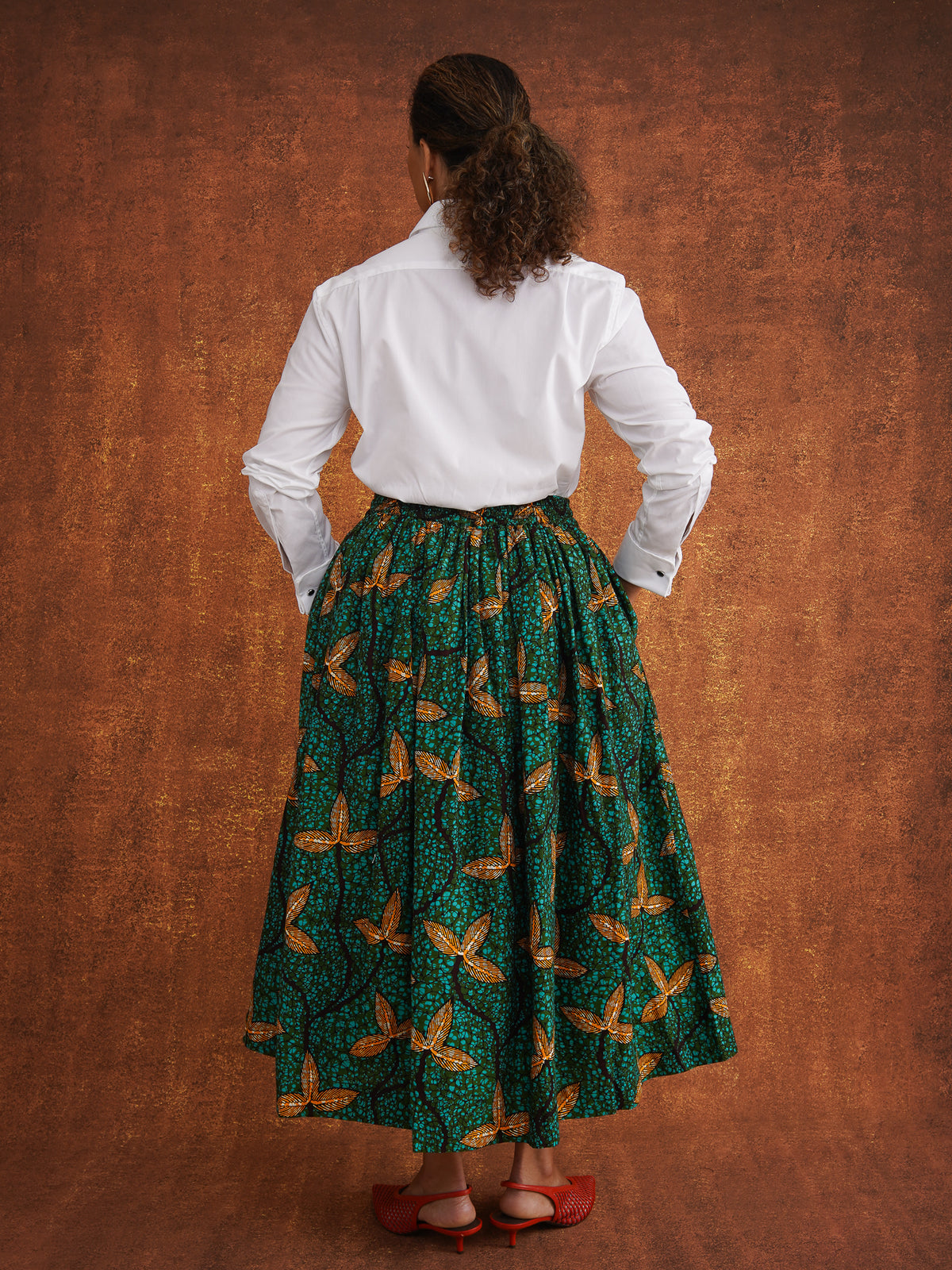 Back view of Tanna green printed cotton skirt