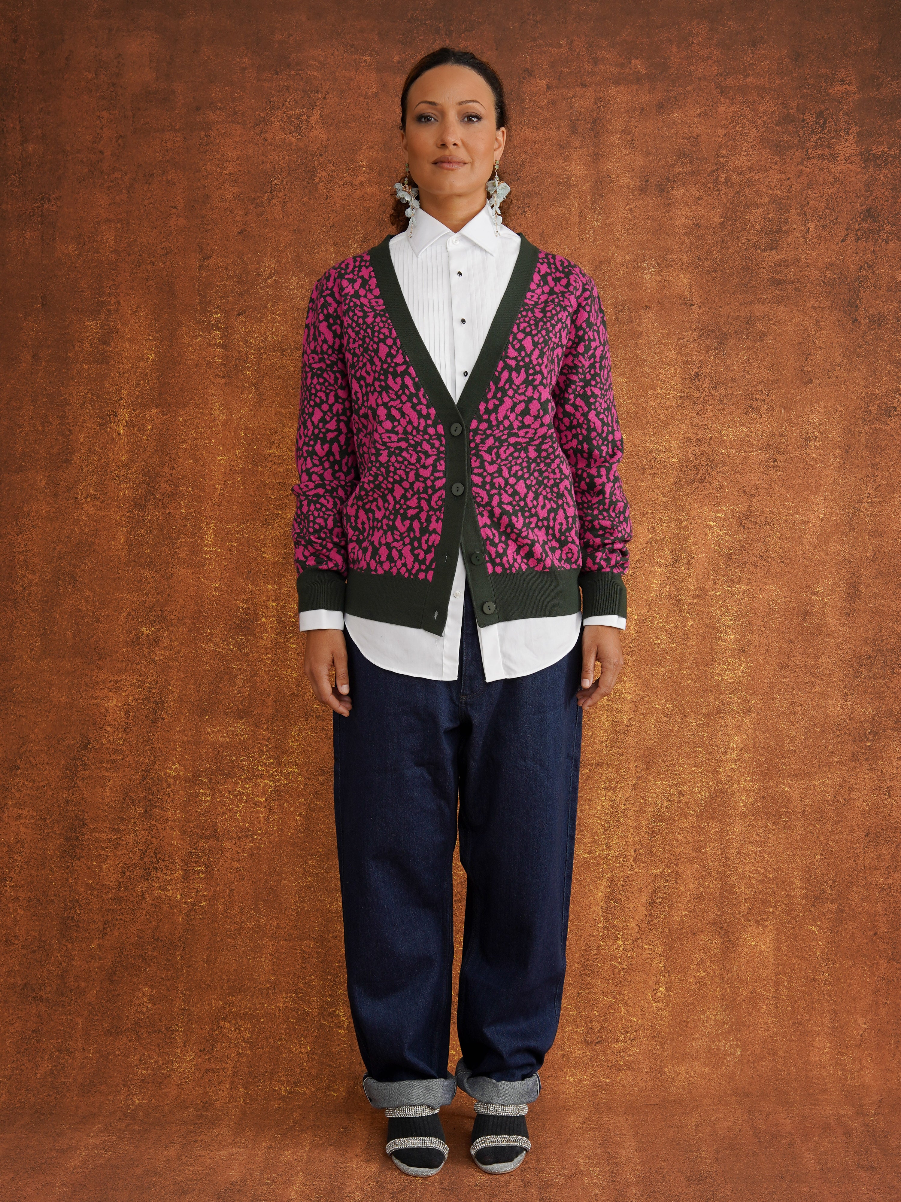The Eniola Cardigan in Magenta and Green Leopard