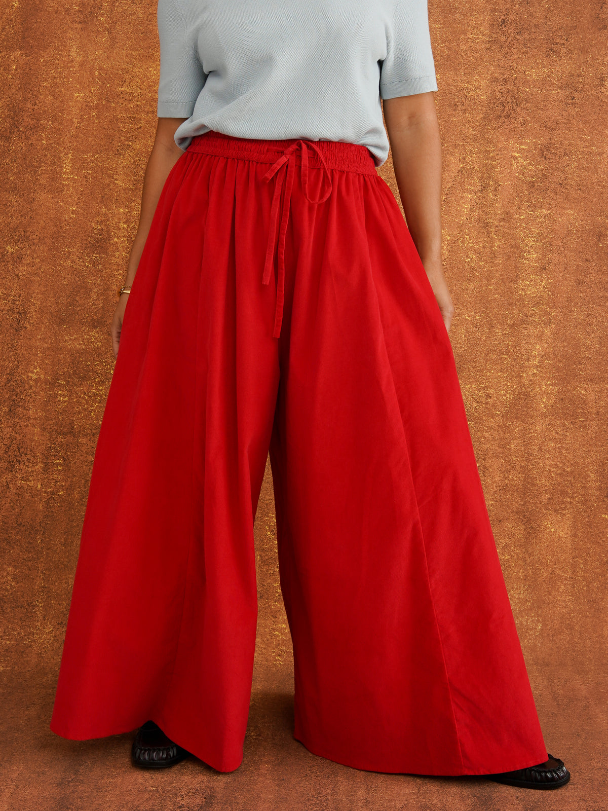 Charlie Red Corduroy Wide-Leg Palazzo Pants, relaxed oversized fit with a drawstring elasticated waist