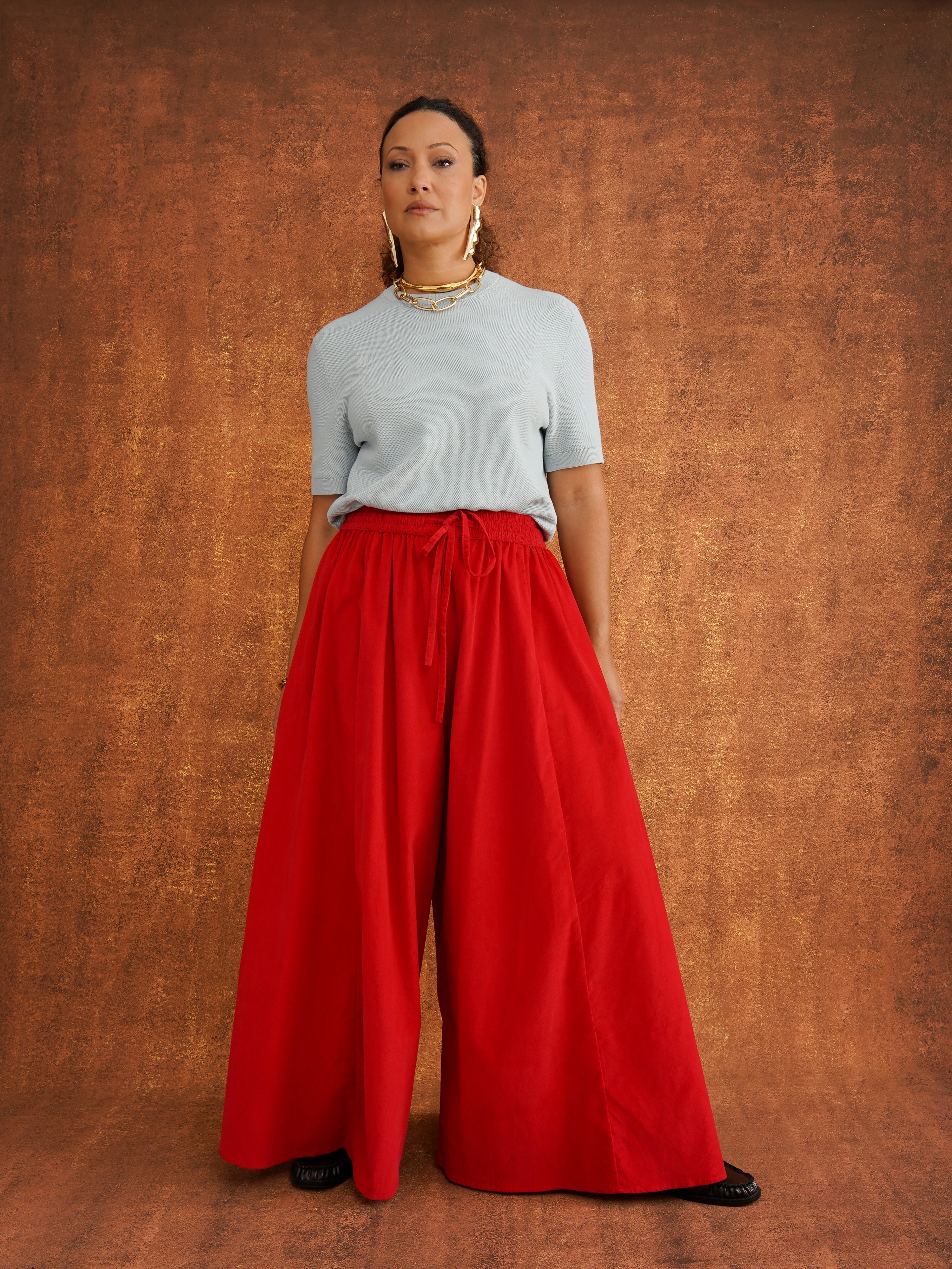 Charlie Red Corduroy Wide-Leg Palazzo Pants, relaxed oversized fit with a drawstring elasticated waist