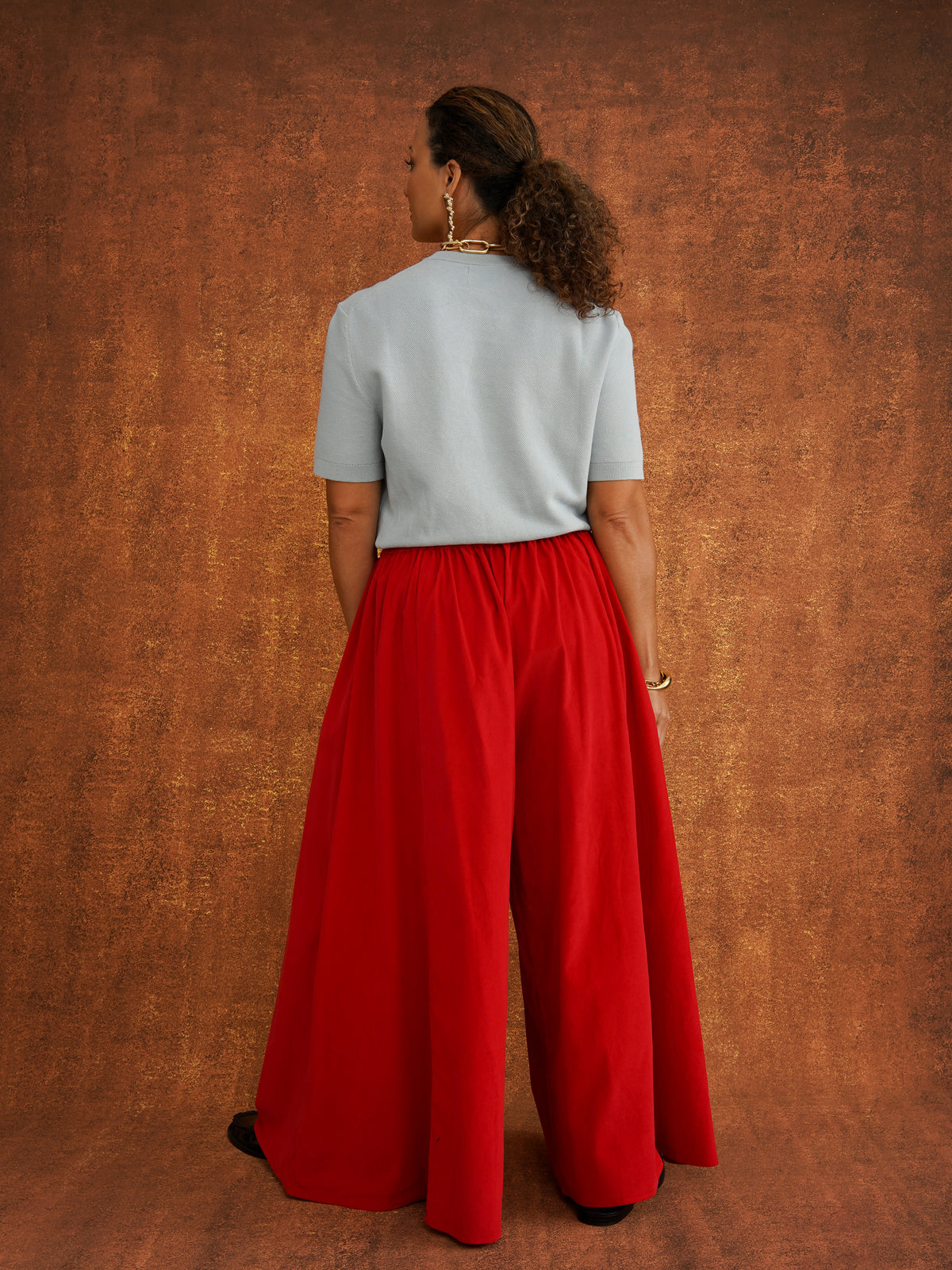 Charlie Red Corduroy Wide-Leg Palazzo Pants, relaxed oversized fit with a drawstring elasticated waist