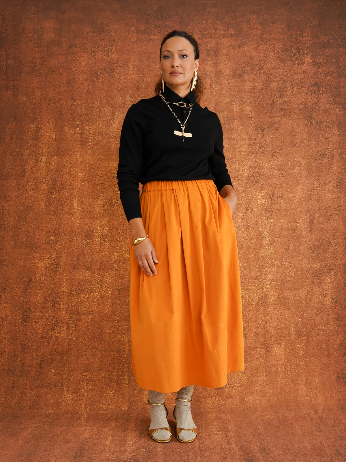 Peju Mustard Midi Corduroy Skirt, front view