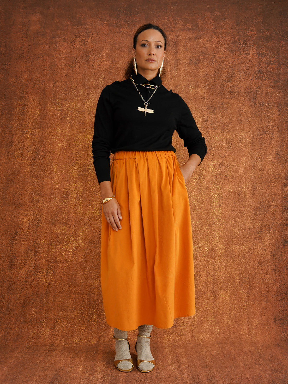 Peju Mustard Midi Corduroy Skirt, close-up detail