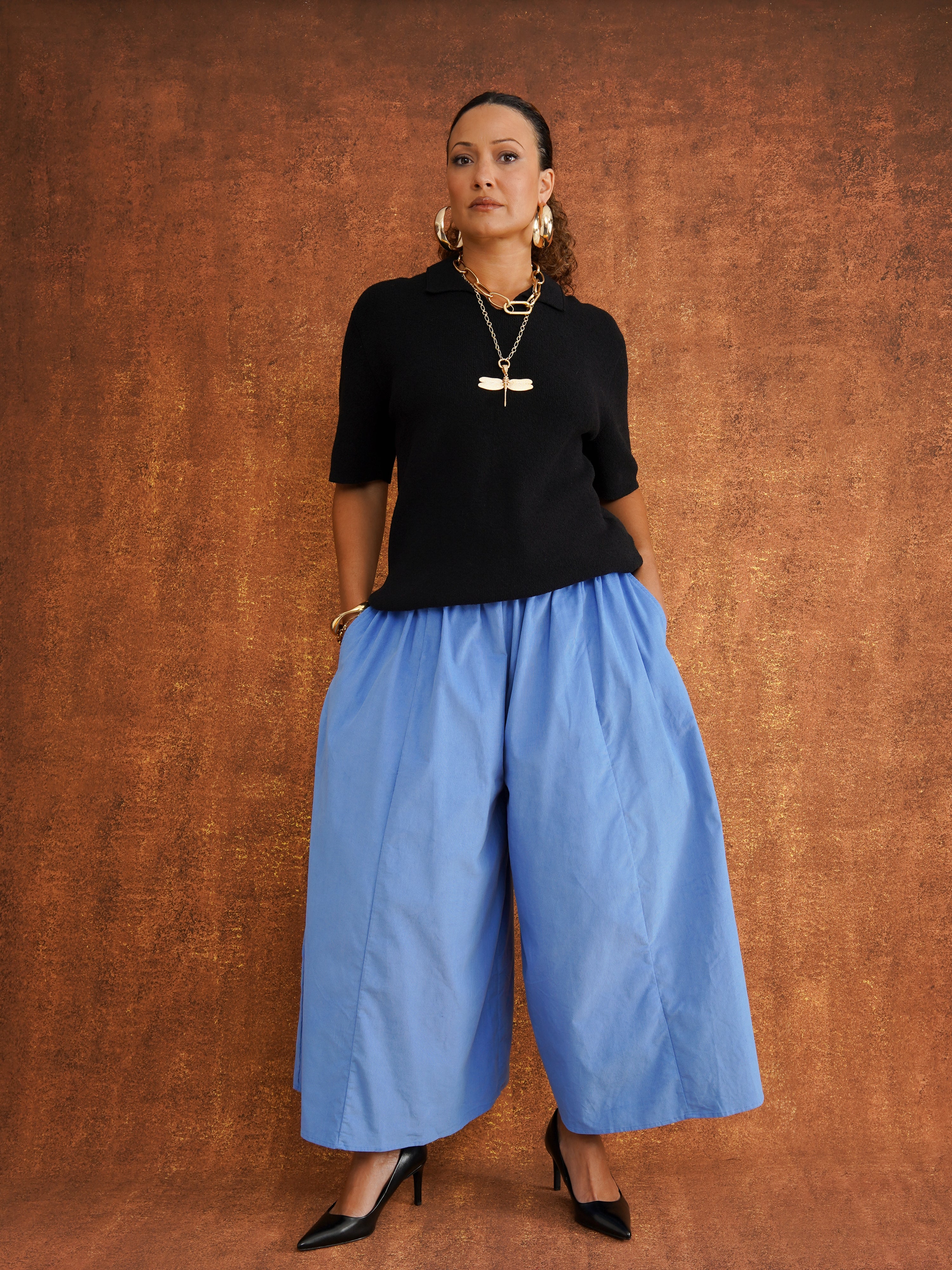 Charlie Blue Corduroy Wide-Leg Palazzo Pants, front view