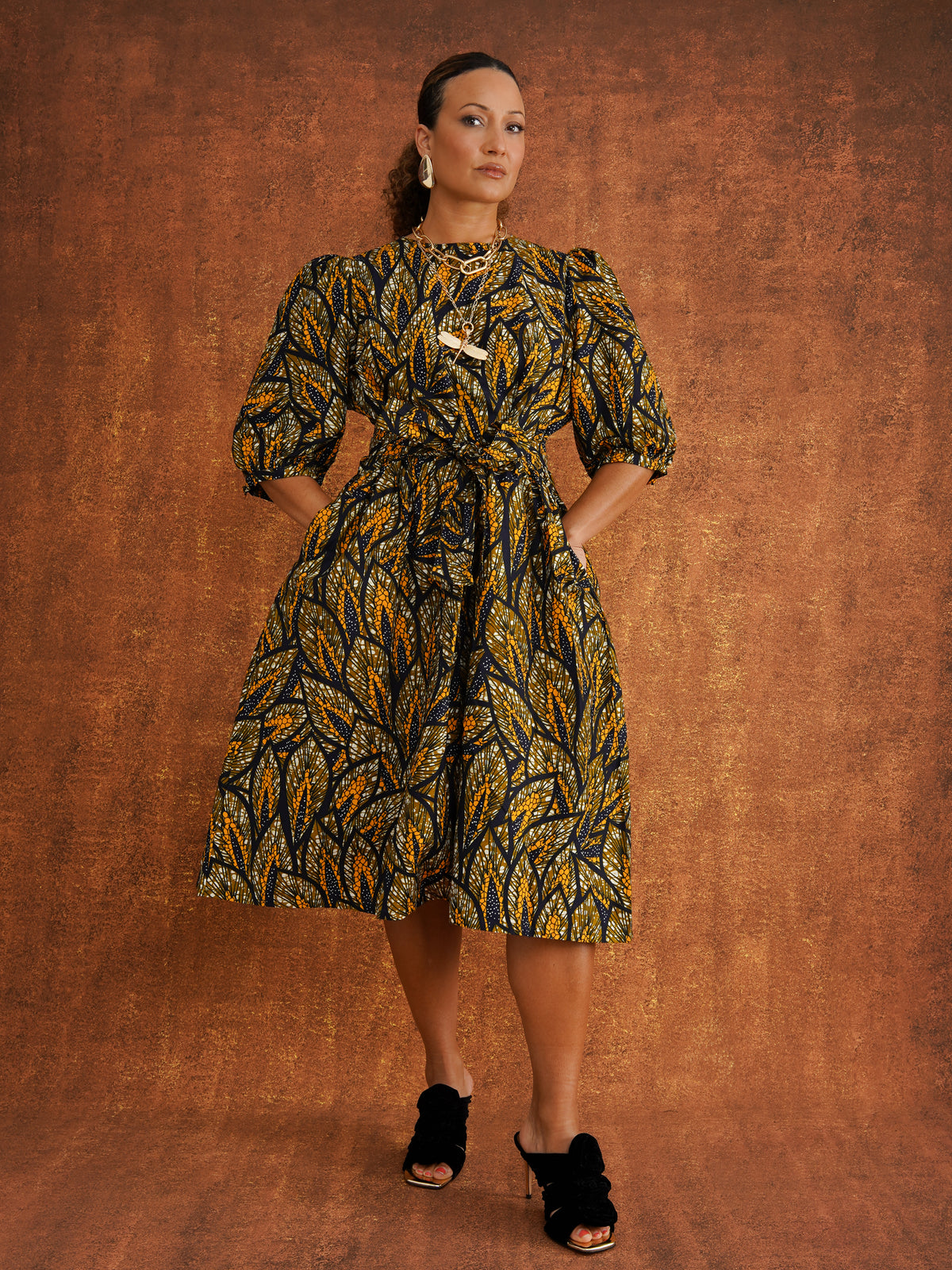 Amber Reworked Dress in amber print cotton, puff sleeves, full skirt with matching tie belt