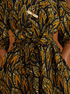 Amber Reworked Dress in amber print cotton, puff sleeves, full skirt with matching tie belt