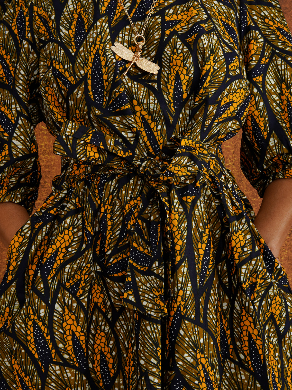 Amber Reworked Dress in amber print cotton, puff sleeves, full skirt with matching tie belt