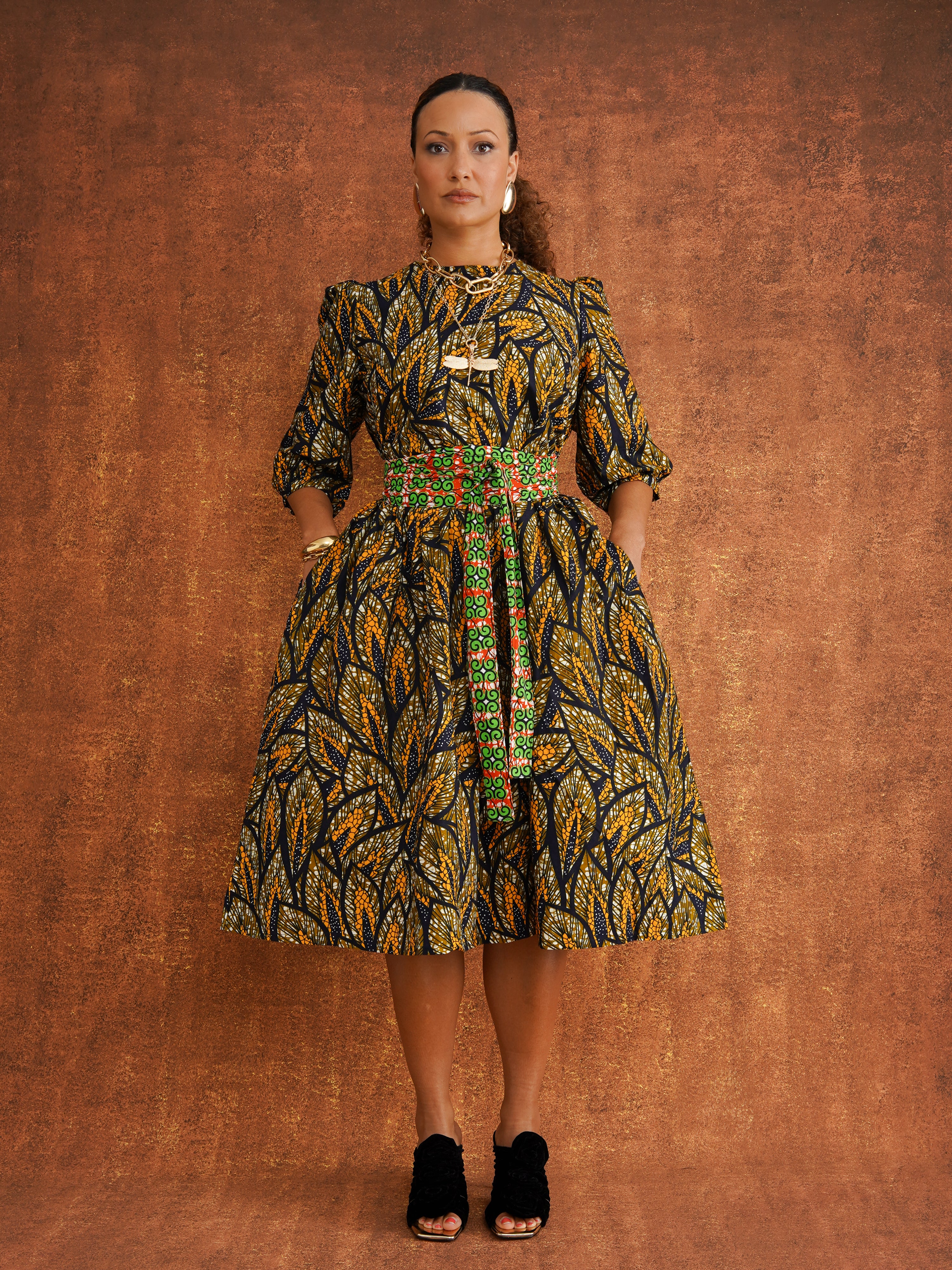 Amber Reworked Dress in amber print cotton, puff sleeves, full skirt with matching tie belt