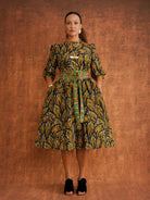 Amber Reworked Dress in amber print cotton, puff sleeves, full skirt with matching tie belt