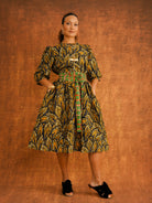 Amber Reworked Dress in amber print cotton, puff sleeves, full skirt with matching tie belt