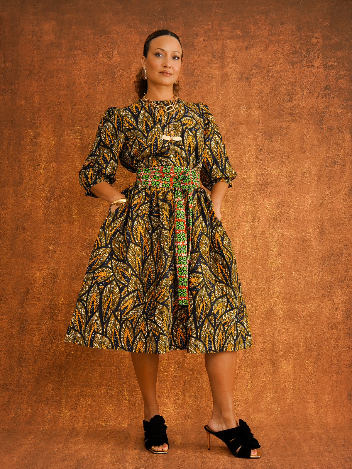 Amber Reworked Dress in amber print cotton, puff sleeves, full skirt with matching tie belt