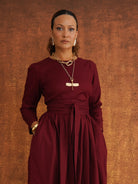 The Amina Dress Heavy Dobby Edition in Burgundy, detail shot
