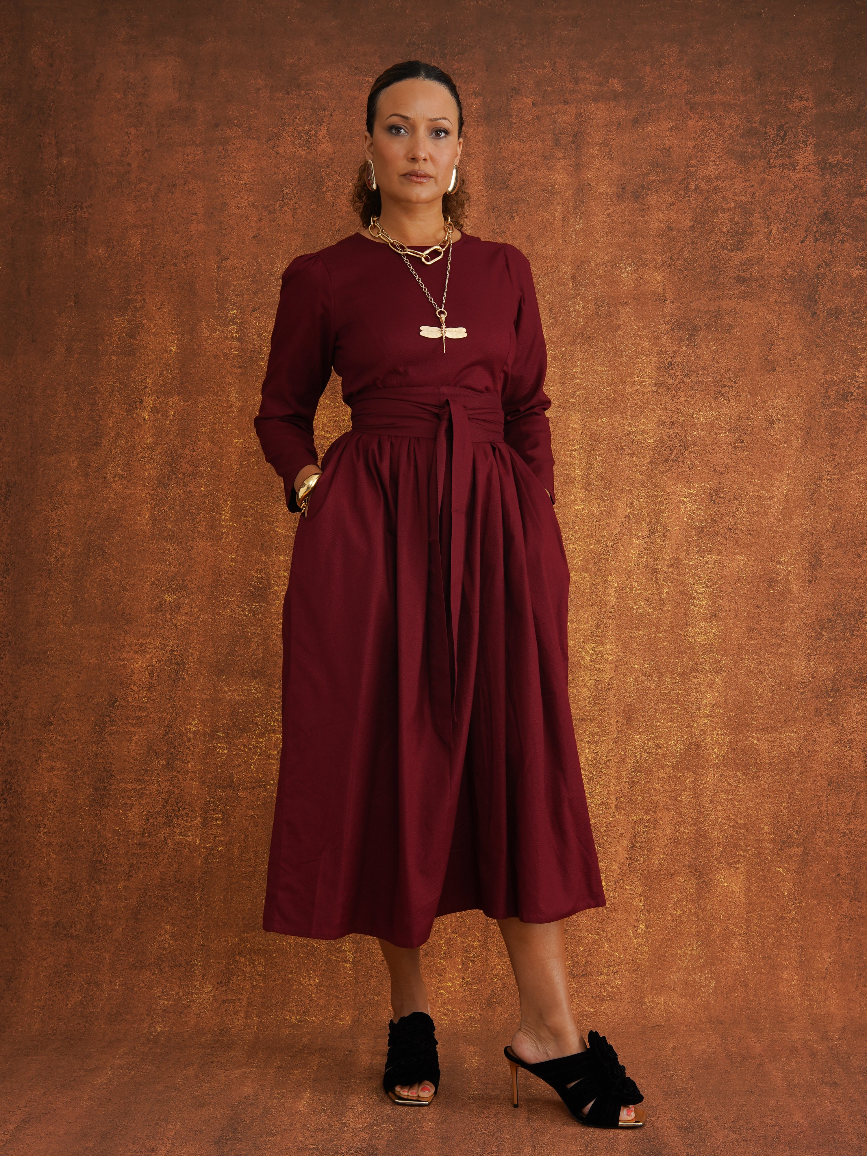 The Amina Dress Heavy Dobby Edition in Burgundy, front view