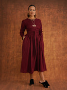 The Amina Dress Heavy Dobby Edition in Burgundy, front view