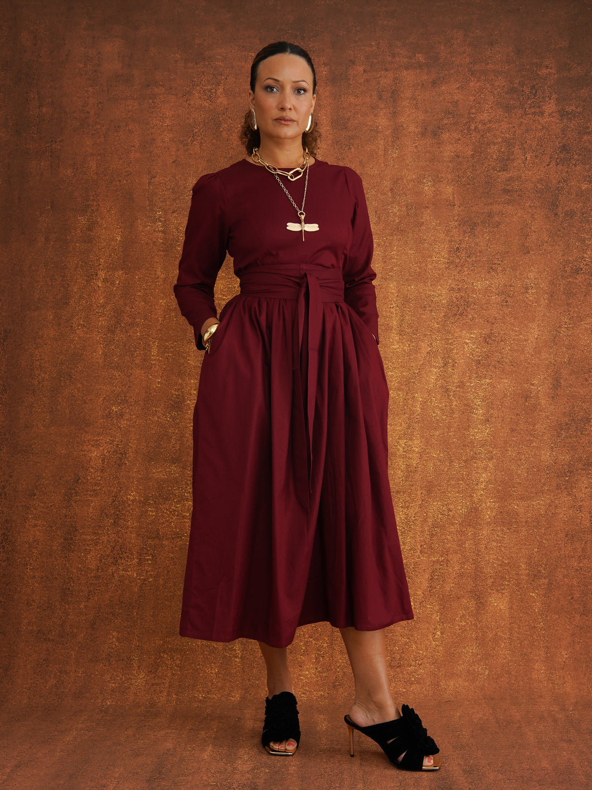 The Amina Dress Heavy Dobby Edition in Burgundy, front view
