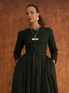 The Amina Dress Heavy Dobby Edition in Forest, back view
